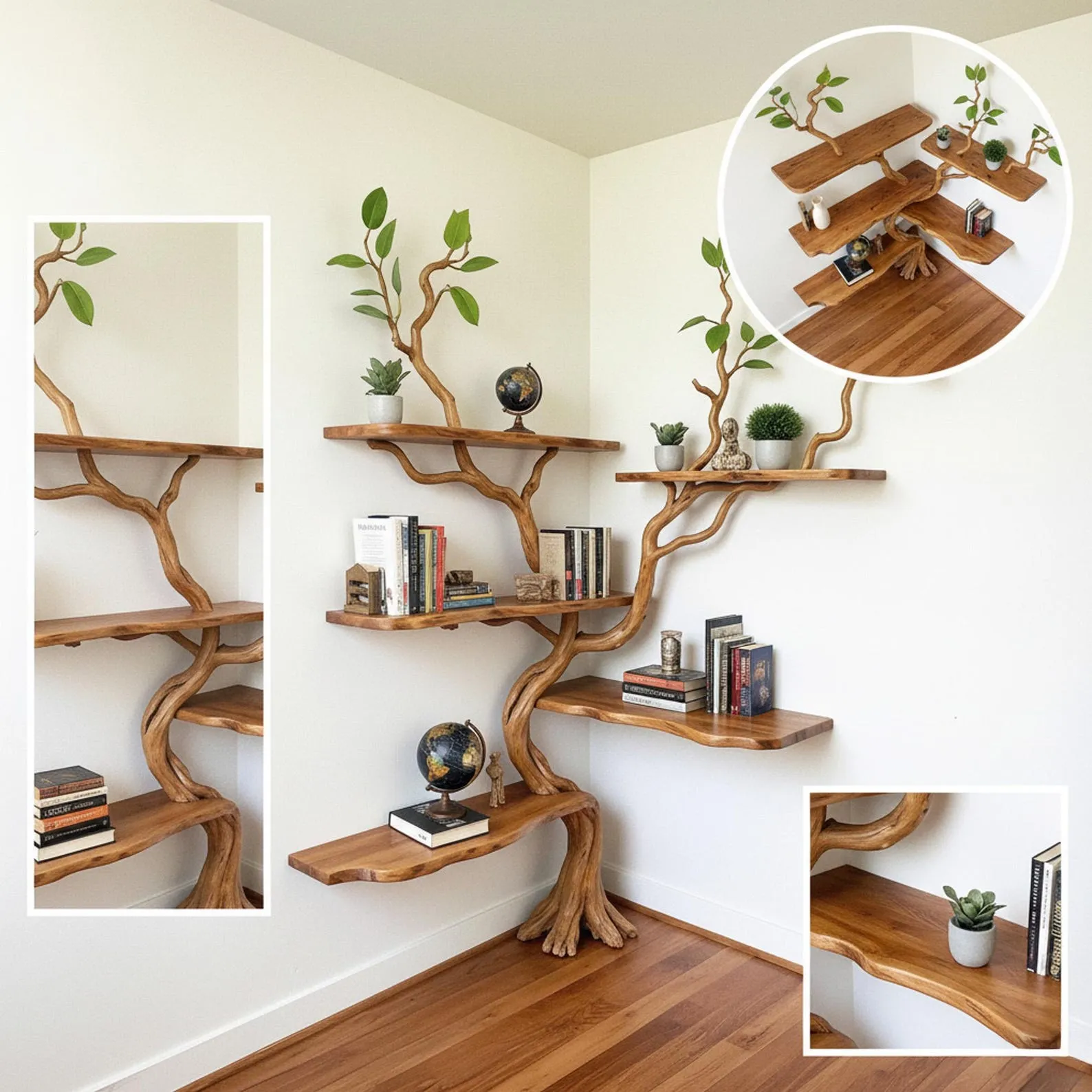 Tree branch book shelf floating shelves handcrafted sculpture driftwood branch shelf recycled solid wood bookcase - Image 2