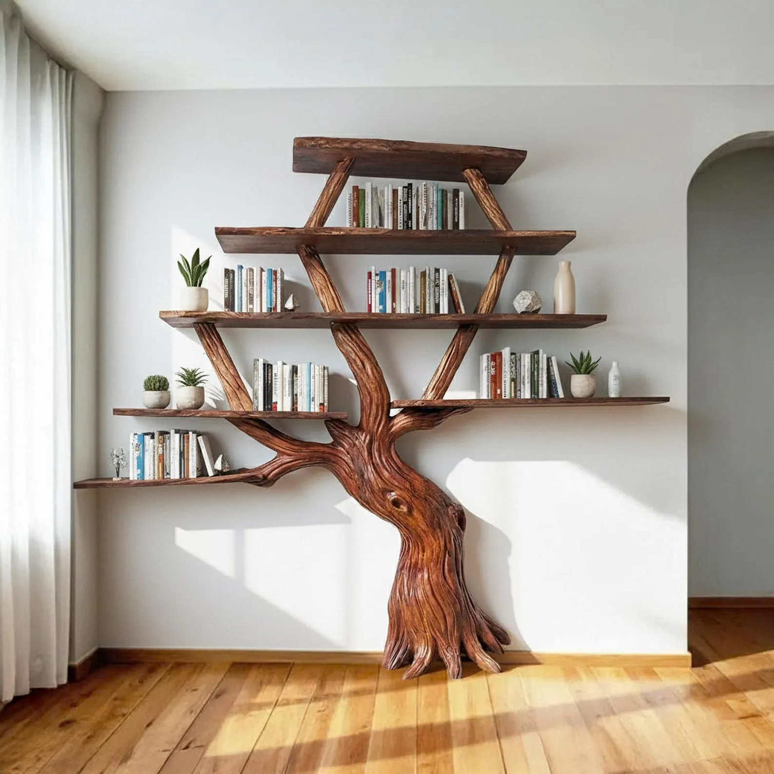 Standing bookshelf solid wood tree branch book shelf on wall driftwood sculpture art home decoration