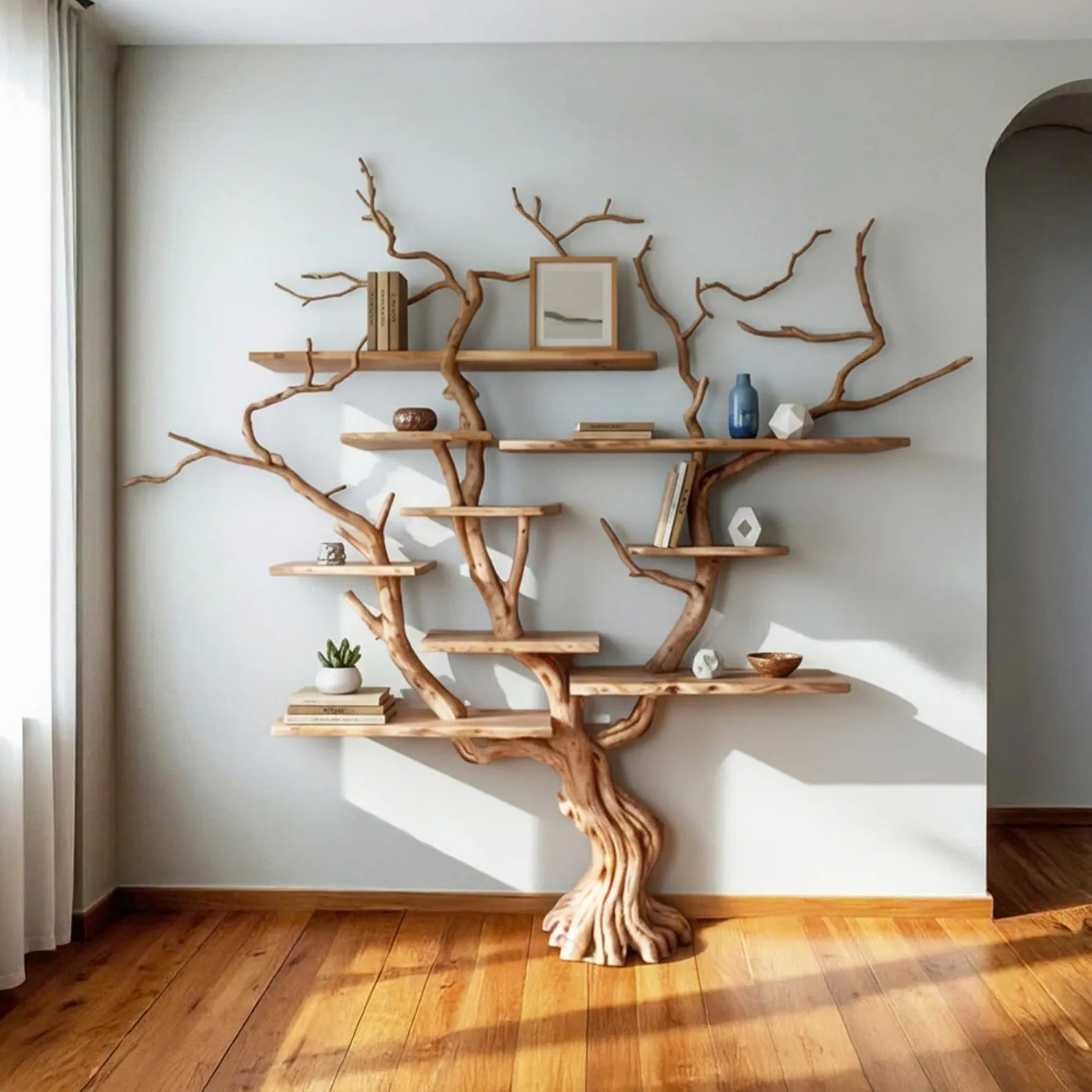 Tree branch book shelf floating shelves hand carved solid wood bookcase driftwood wall art floor shelf
