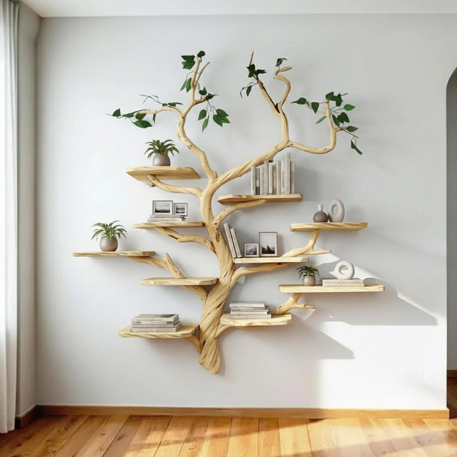 Floating tree branch bookshelf solid wood driftwood wall art bookcase decoration