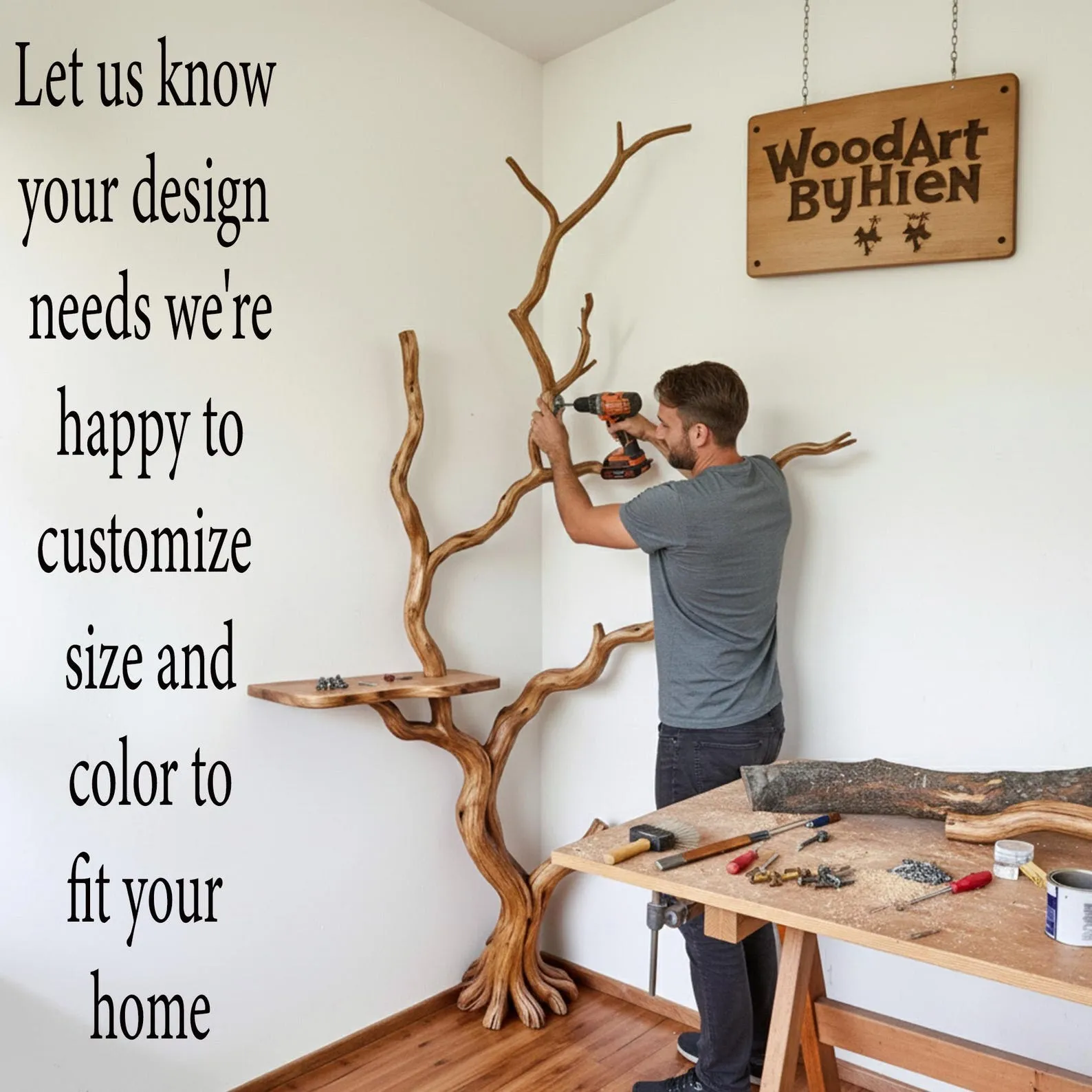 Tree branch book shelf driftwood branch solid wood tree corner floating shelf reclaimed wood bookcase - Image 2