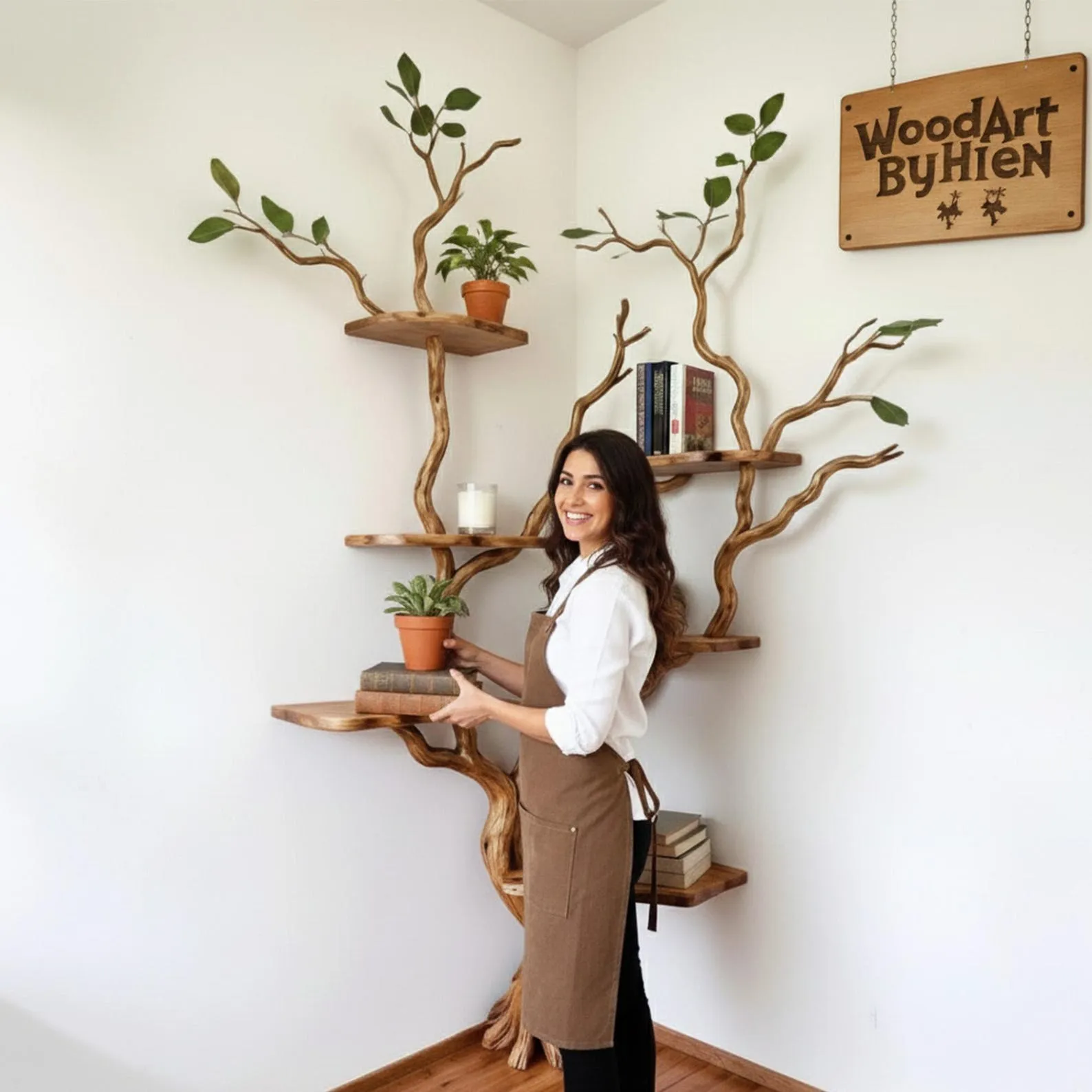 Tree branch book shelf driftwood branch solid wood tree corner floating shelf reclaimed wood bookcase - Image 3