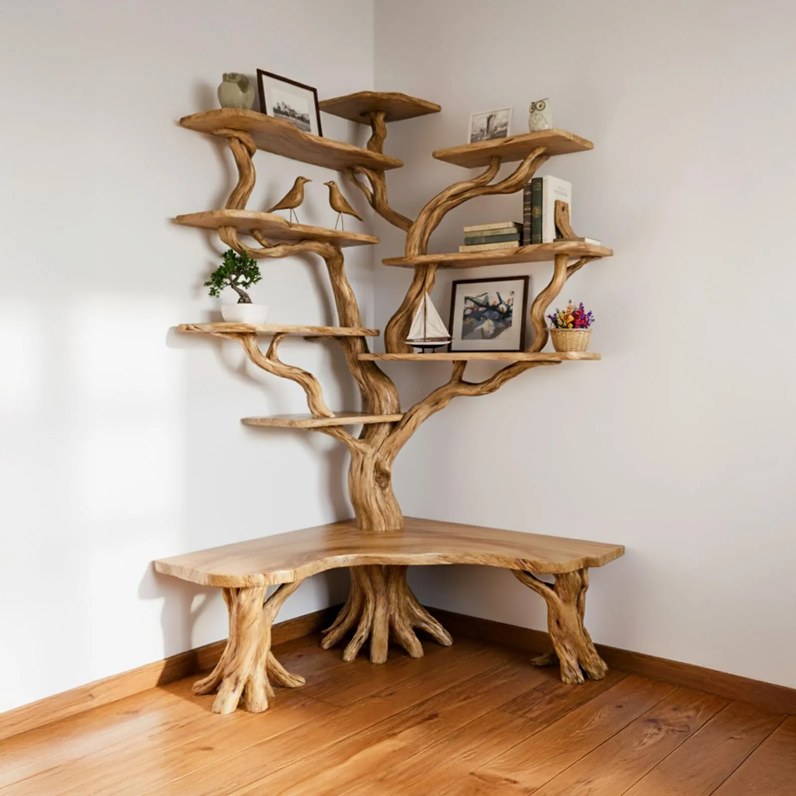 Tree branch book shelf solid wood floating shelves corner standing tree bookshelf handmade furniture