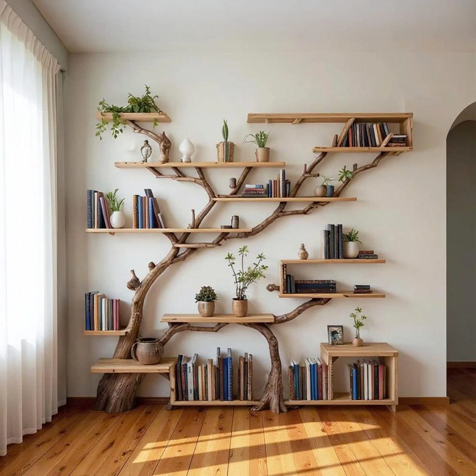 Tree branch book shelf driftwood branch handmade bookcase solid wood sculpture custom floating shelves furniture