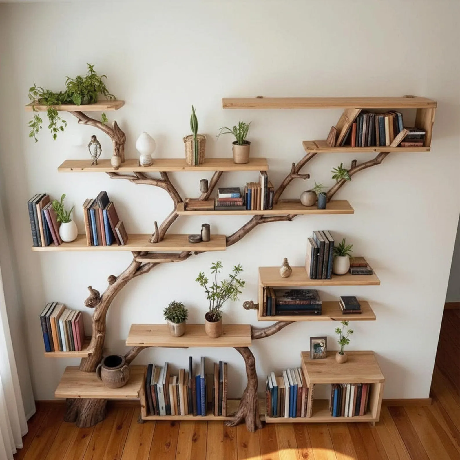 Tree branch book shelf driftwood branch handmade bookcase solid wood sculpture custom floating shelves furniture - Image 2