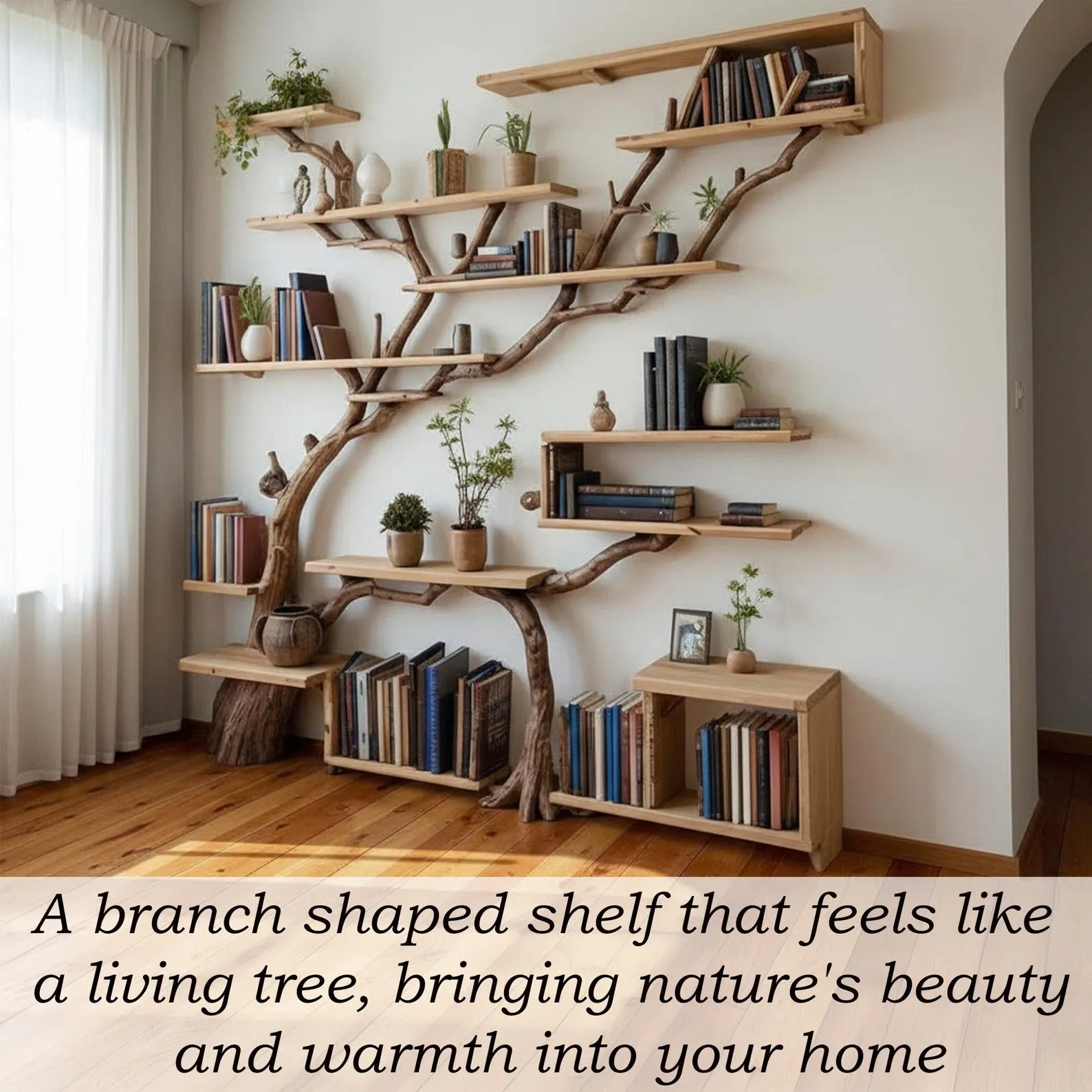 Tree branch book shelf driftwood branch handmade bookcase solid wood sculpture custom floating shelves furniture - Image 3