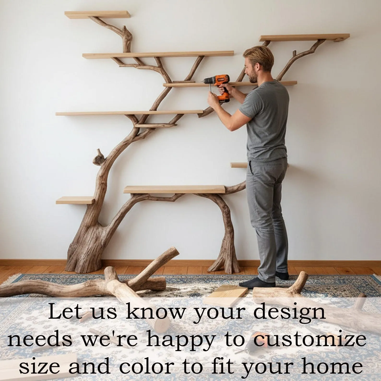 Tree branch book shelf driftwood branch handmade bookcase solid wood sculpture custom floating shelves furniture - Image 4