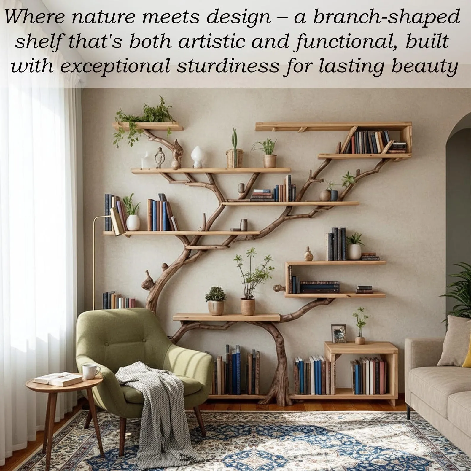 Tree branch book shelf driftwood branch handmade bookcase solid wood sculpture custom floating shelves furniture - Image 6