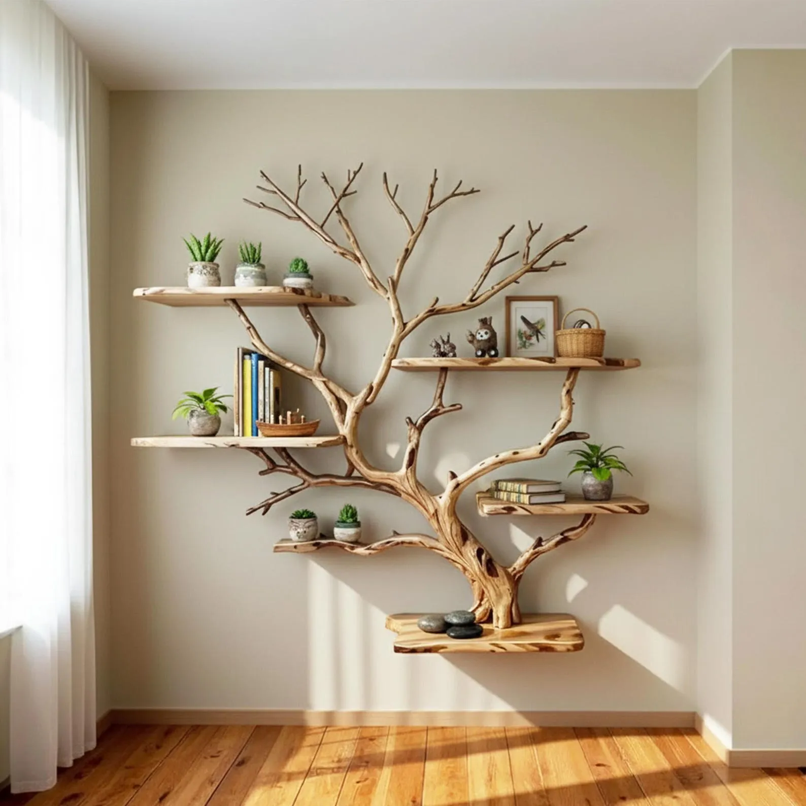Floating bookshelf tree branch book shelf wall mounted shelf hand driftwood carving solid wood bookcase