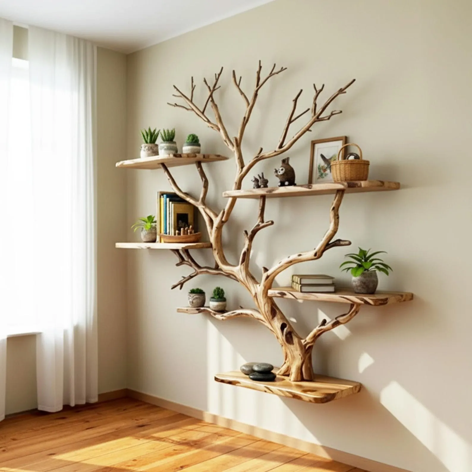 Floating bookshelf tree branch book shelf wall mounted shelf hand driftwood carving solid wood bookcase - Image 2