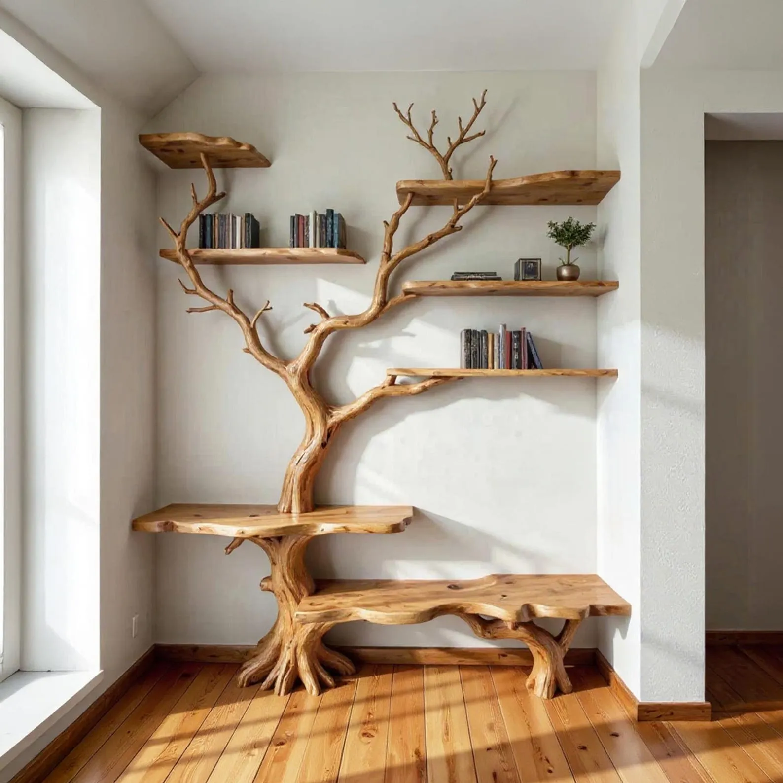 Tree branch shaped bookshelf hanging wall mount floating shelf handmade solid wood bookcase sculpture art driftwood carving furniture