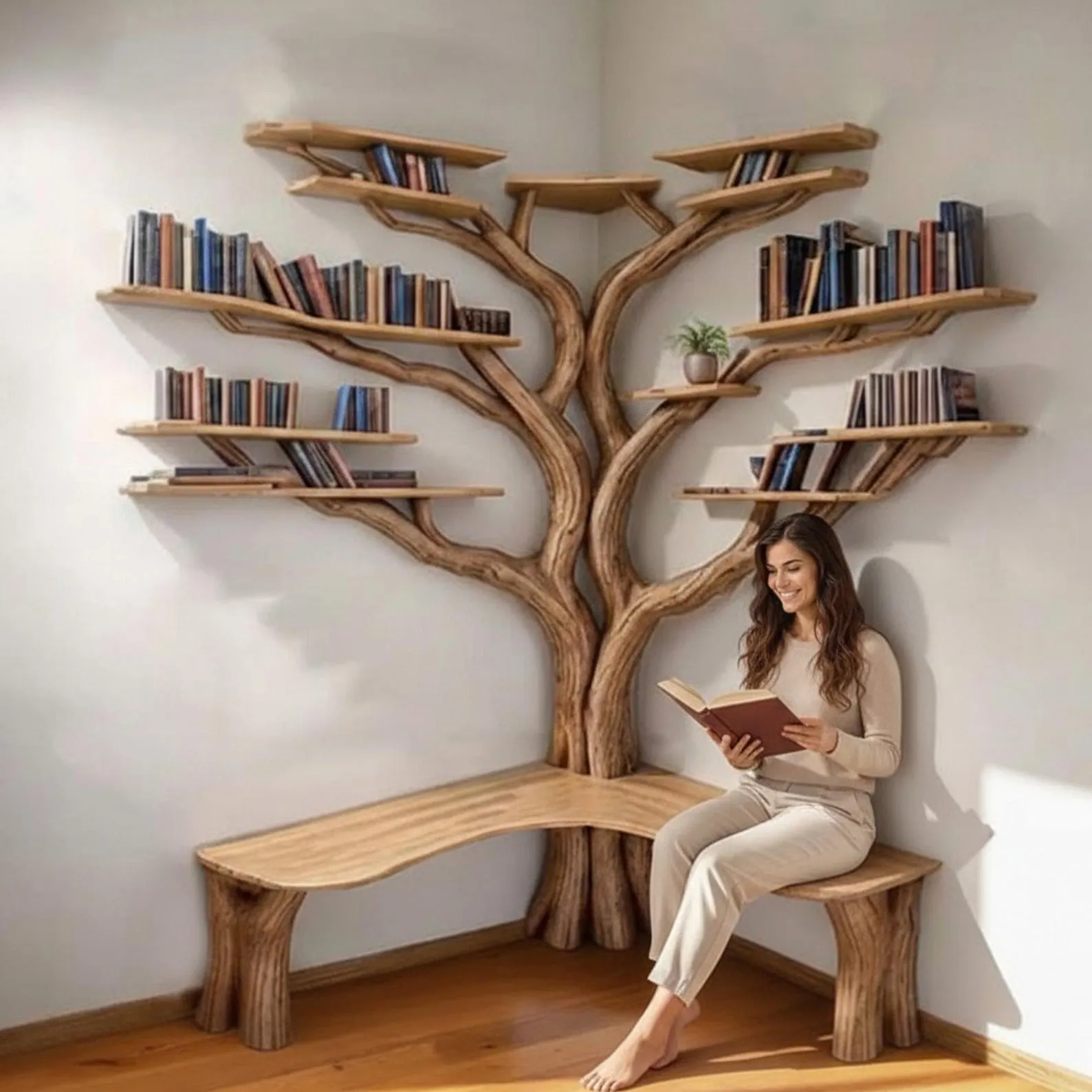 Floor bookshelf corner tree branch book shelf solid wood floating shelves on wall bookcase decoration - Image 3