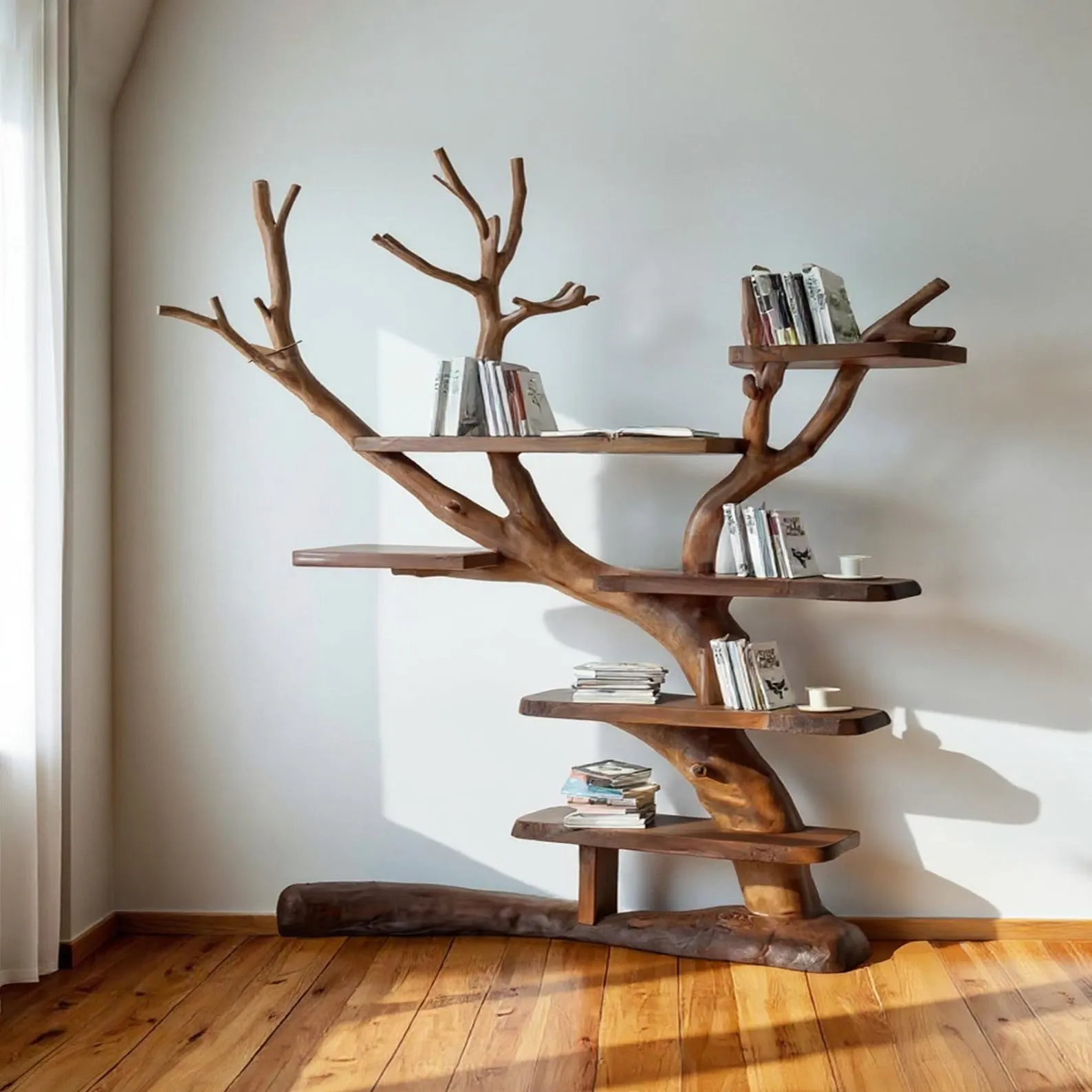 Solid Wood Tree Bookshelf: Handmade Display Cabinet, Rustic Decor