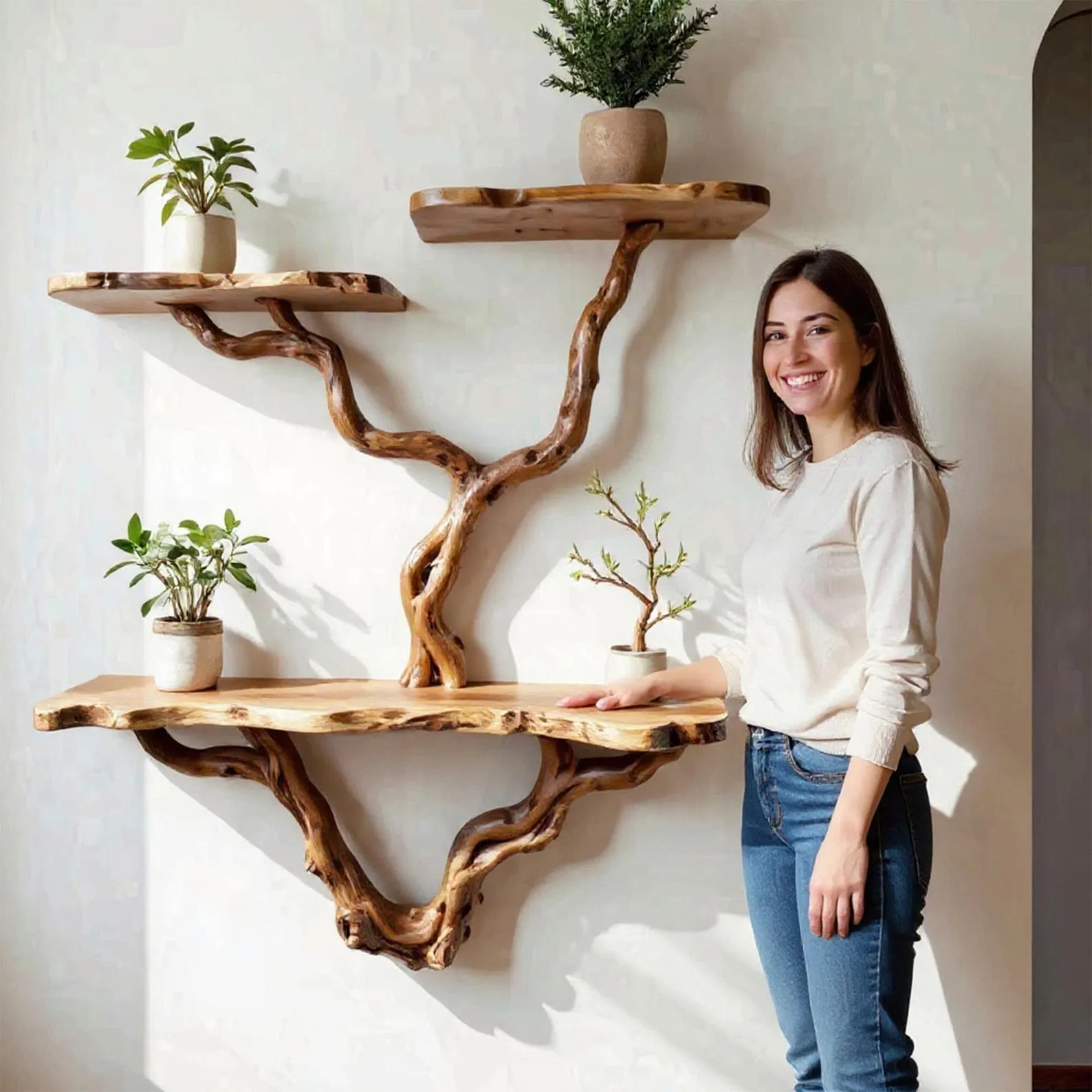 Tree branch floating bookshelf solid wood bookshelves wall mounted driftwood branch art handmade furniture and decor - Image 5