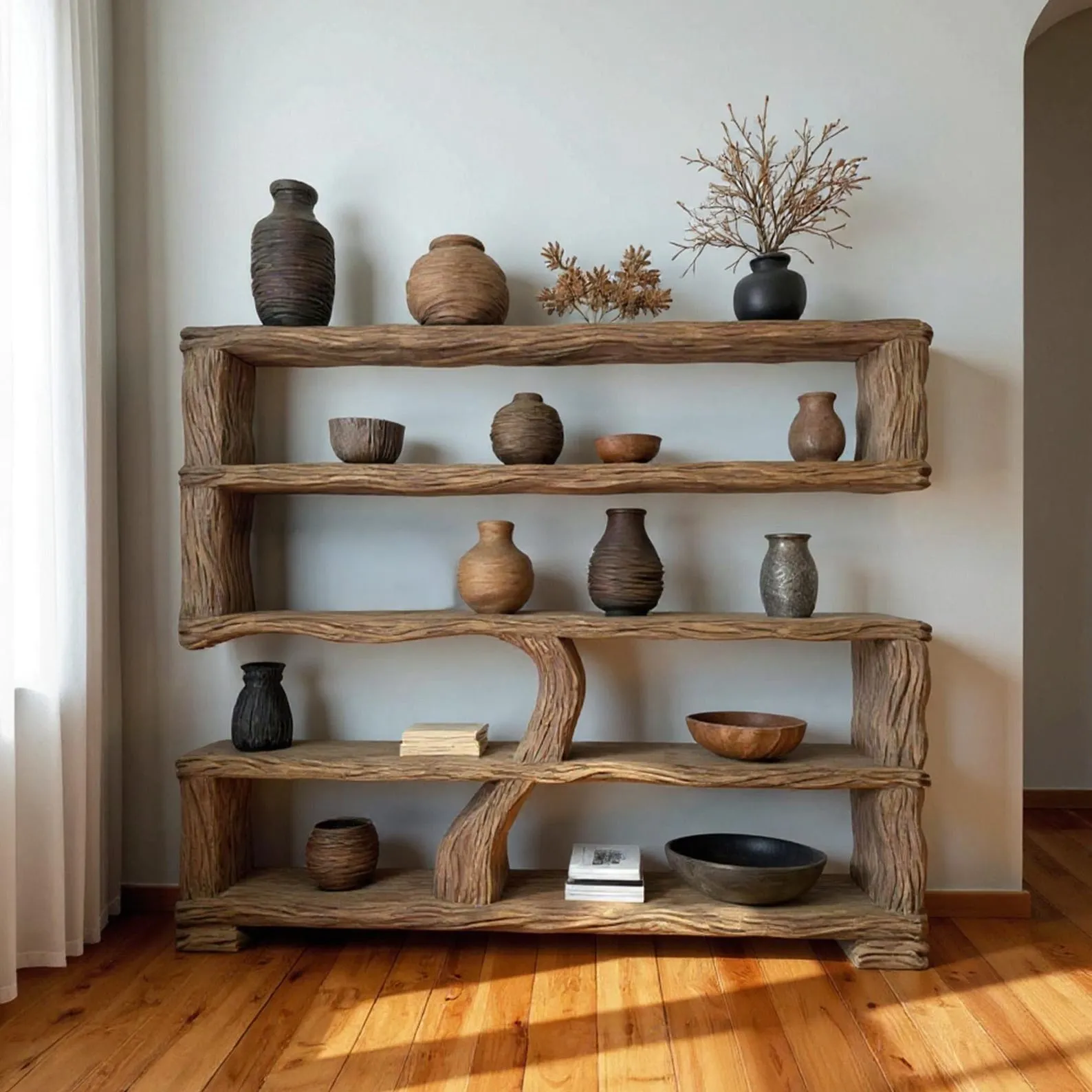 Reclaimed wood bookcase art solid wood carved standing tree bookshelf wooden handmade furniture home decor