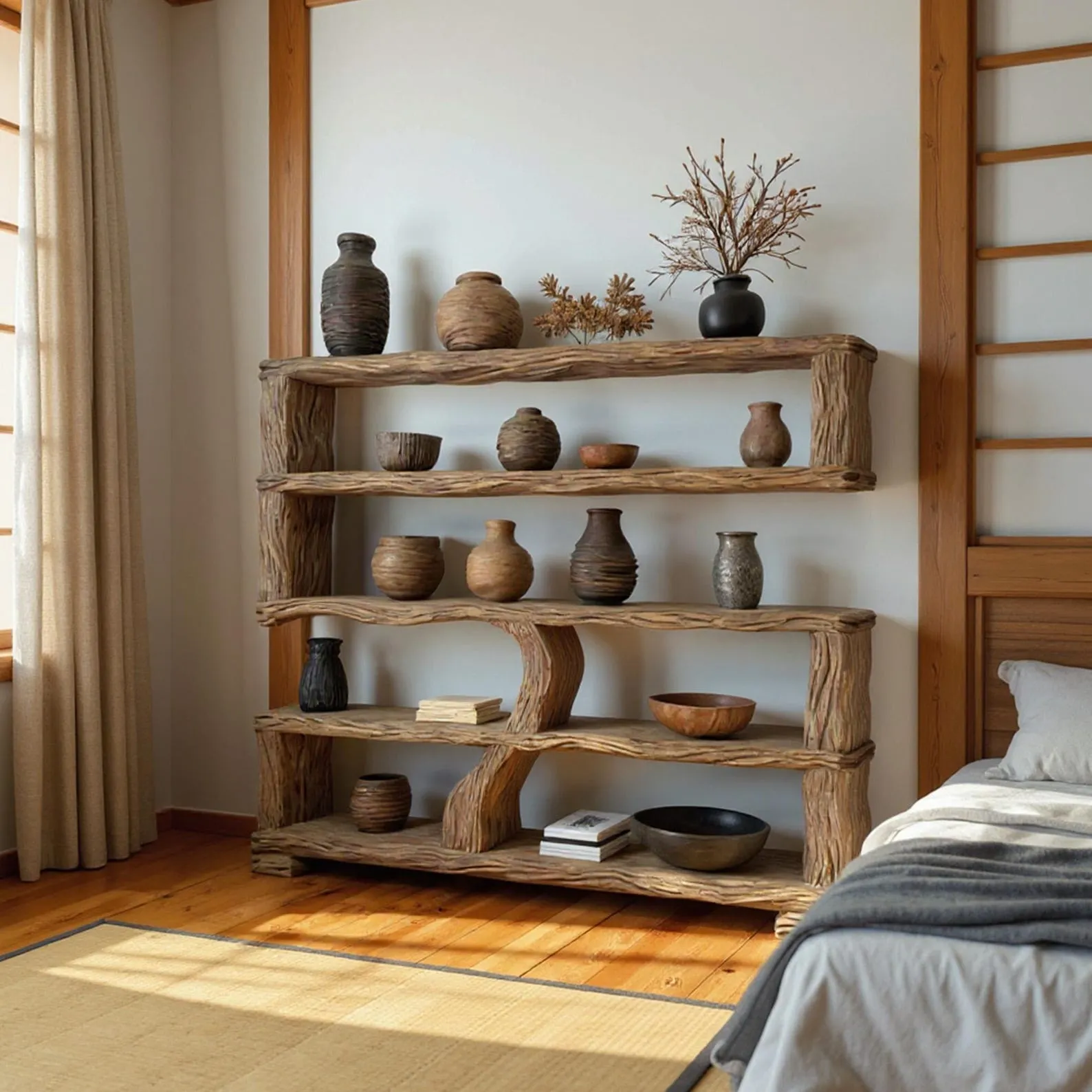 Reclaimed wood bookcase art solid wood carved standing tree bookshelf wooden handmade furniture home decor - Image 2