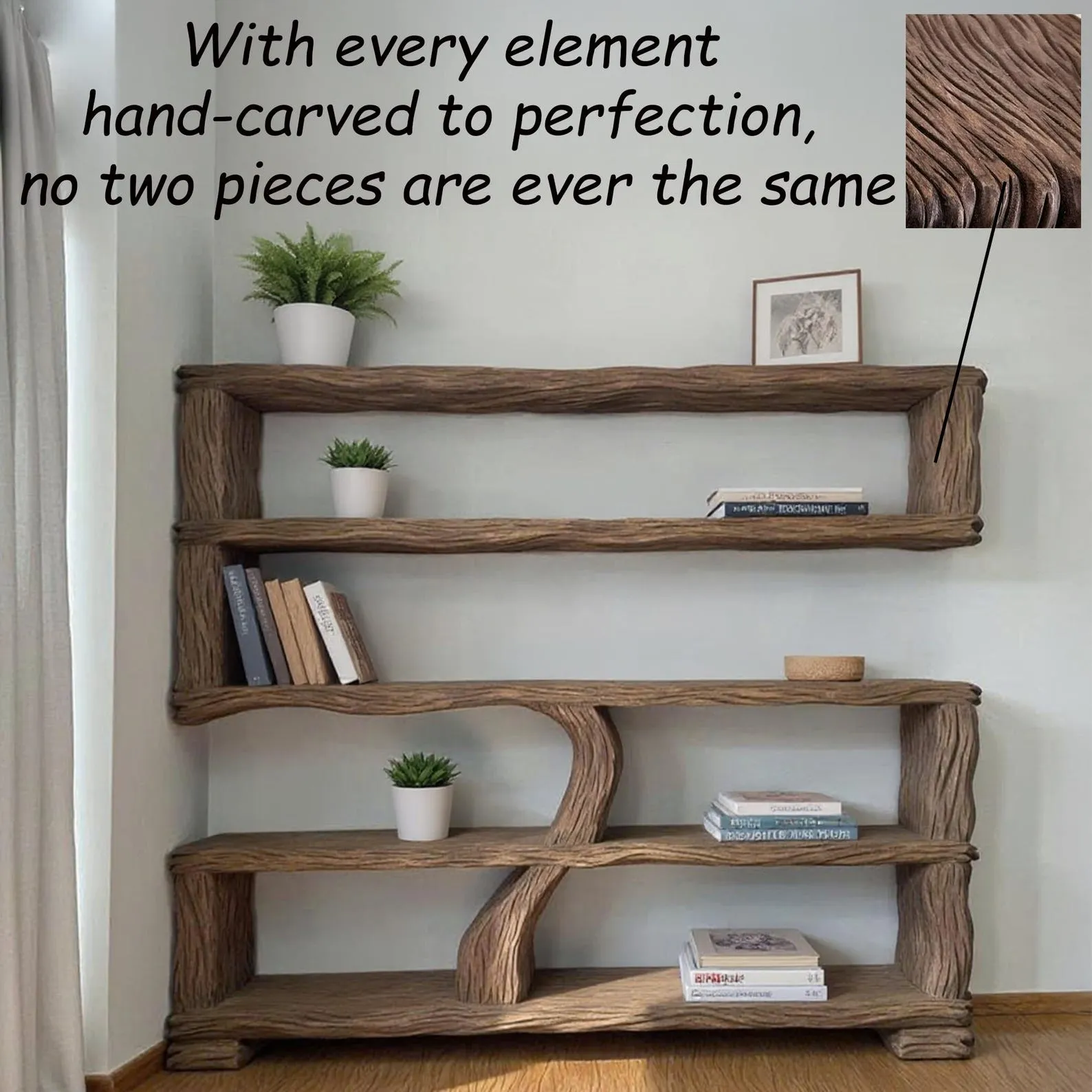 Reclaimed wood bookcase art solid wood carved standing tree bookshelf wooden handmade furniture home decor - Image 3