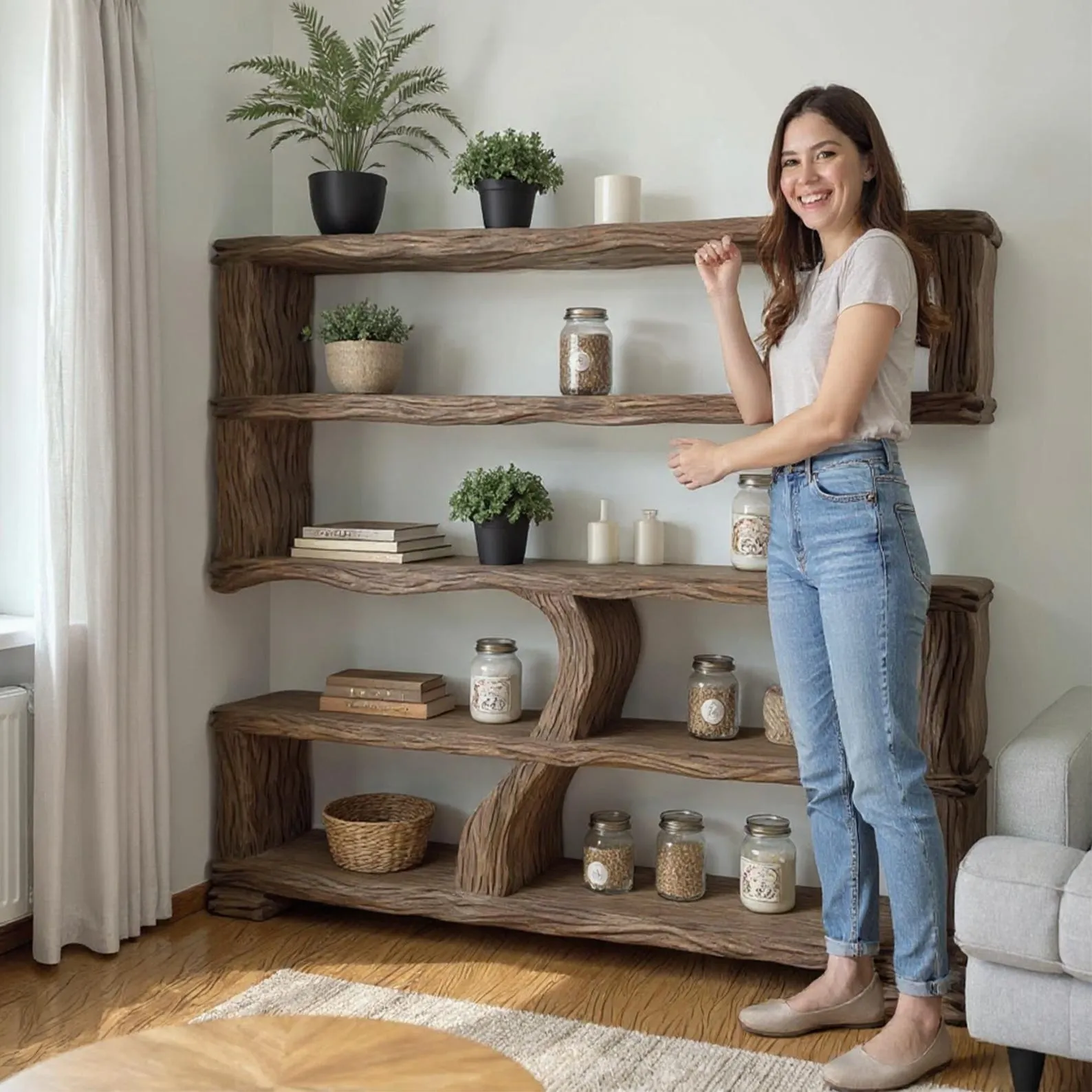 Reclaimed wood bookcase art solid wood carved standing tree bookshelf wooden handmade furniture home decor - Image 5