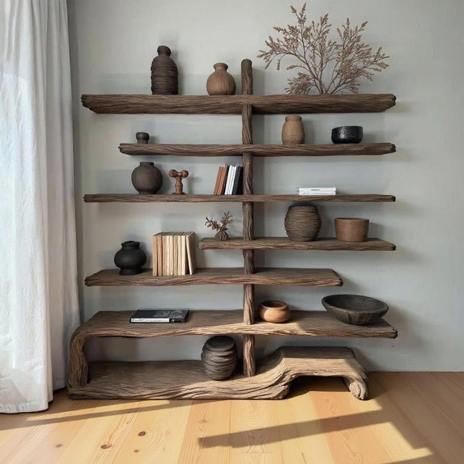 Solid wood bookshelf floor bookcase live edge shelves on wall display stand wood carving art home decoration