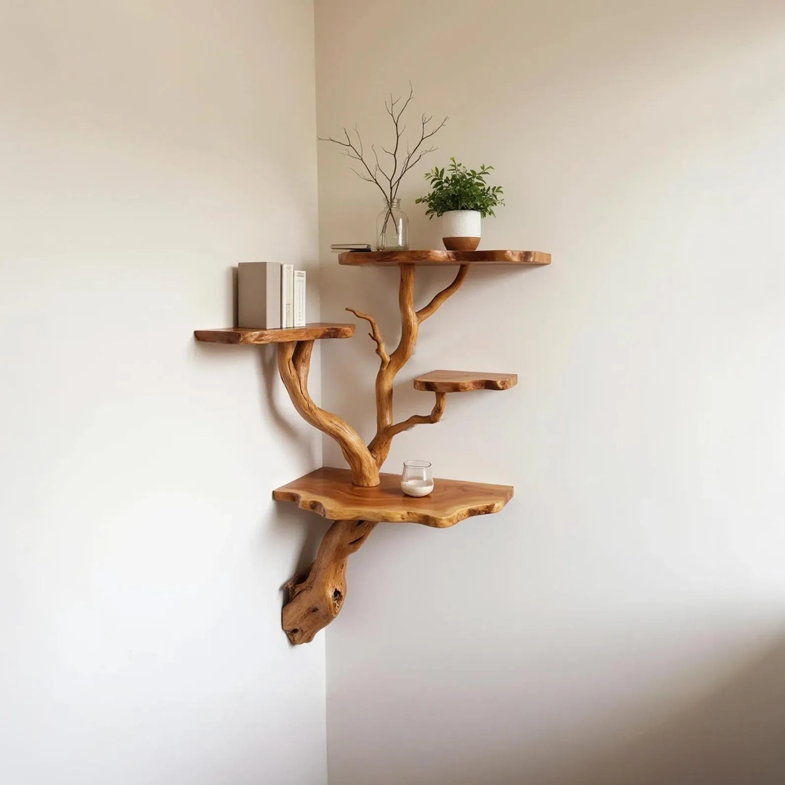 Floating corner shelf tree driftwood branch bookshelf wall mount solid wood bookcase handcrafted rustic furntiure