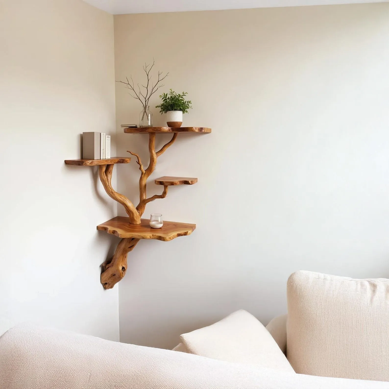 Floating corner shelf tree driftwood branch bookshelf wall mount solid wood bookcase handcrafted rustic furntiure - Image 3