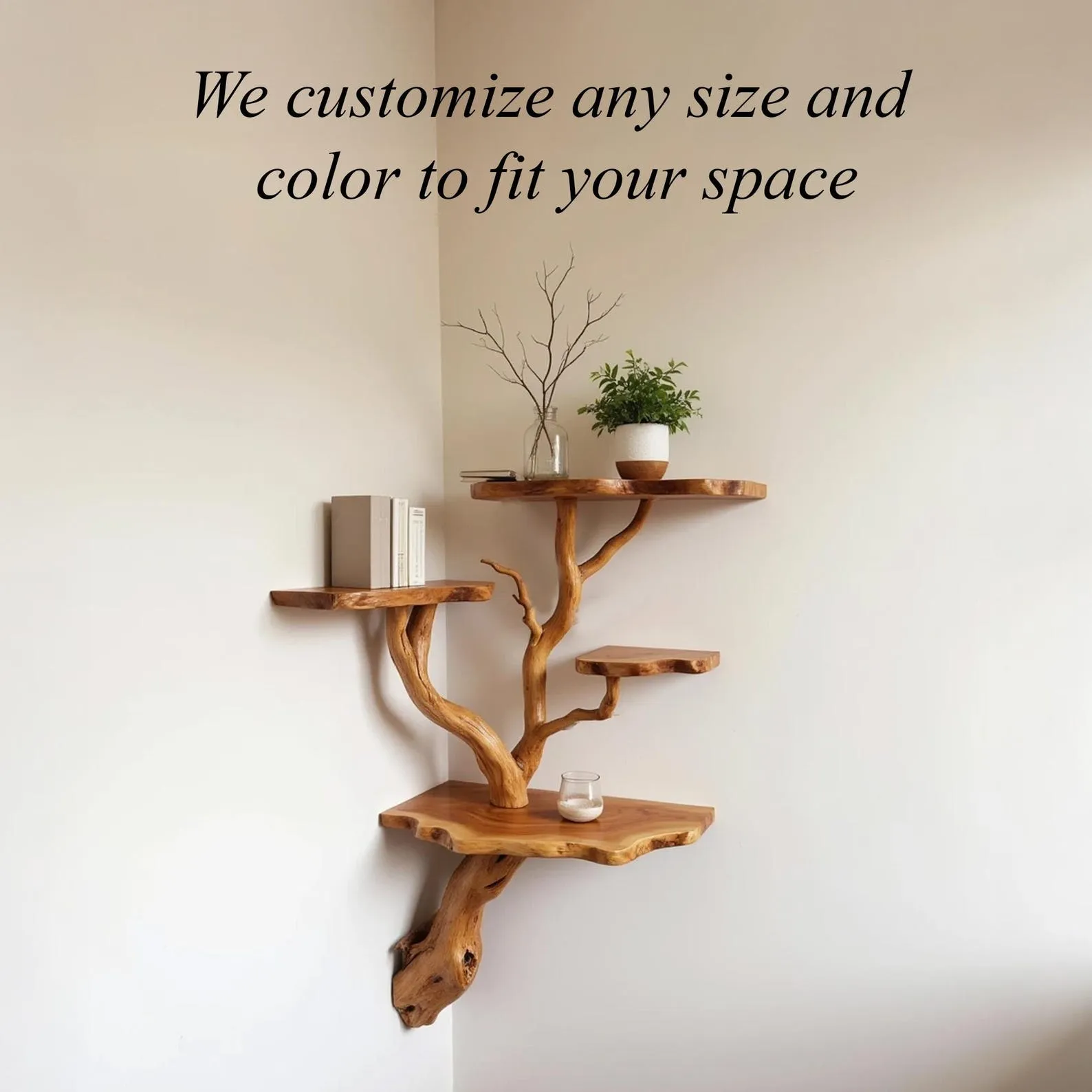 Floating corner shelf tree driftwood branch bookshelf wall mount solid wood bookcase handcrafted rustic furntiure - Image 5
