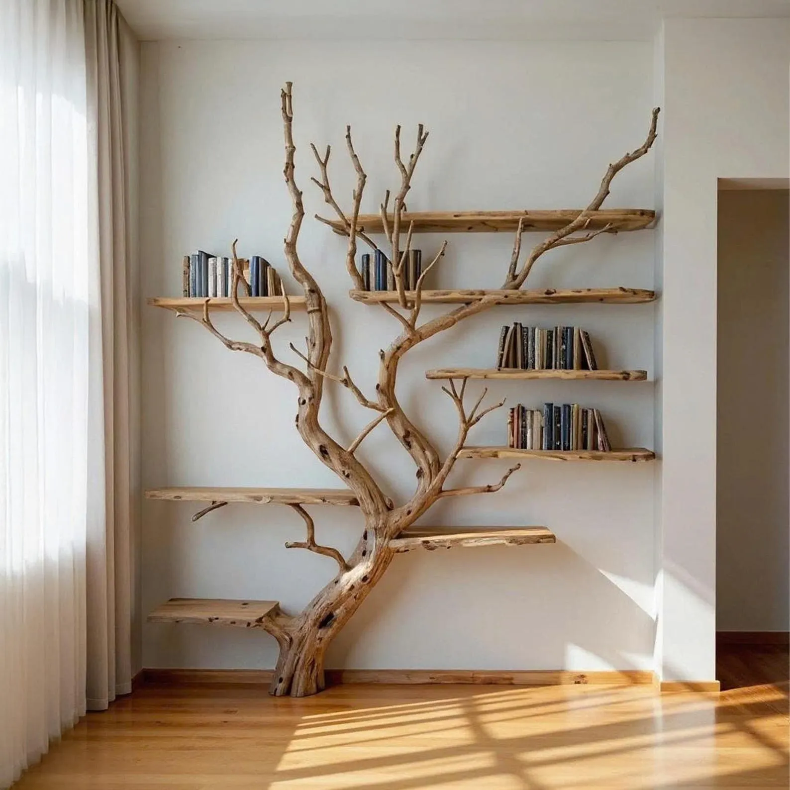 Driftwood Tree Branch Bookshelf: Rustic Floating Shelves, Solid Wood