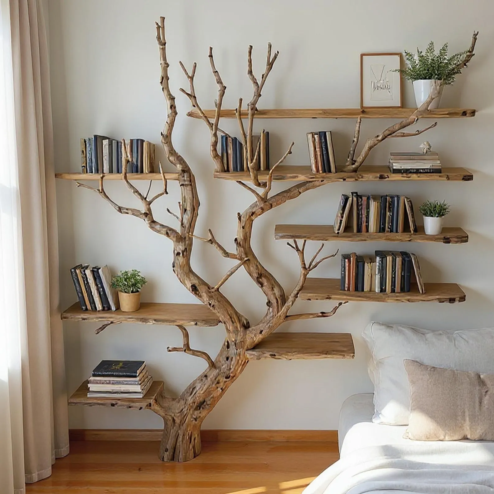 Driftwood Tree Branch Bookshelf: Rustic Floating Shelves, Solid Wood - Image 3