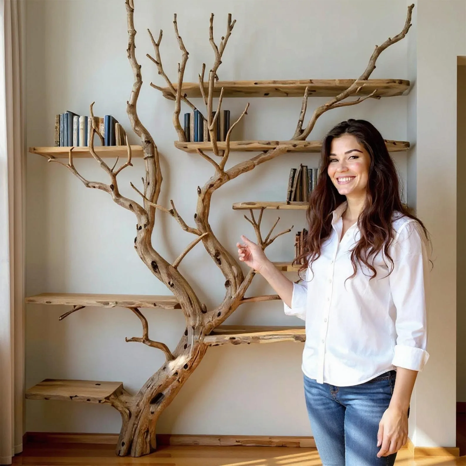Driftwood Tree Branch Bookshelf: Rustic Floating Shelves, Solid Wood - Image 5
