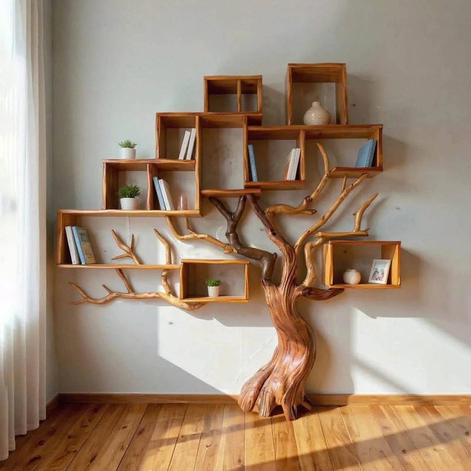 Driftwood Tree Bookshelf: Solid Wood Floating Shelf, Wall Art