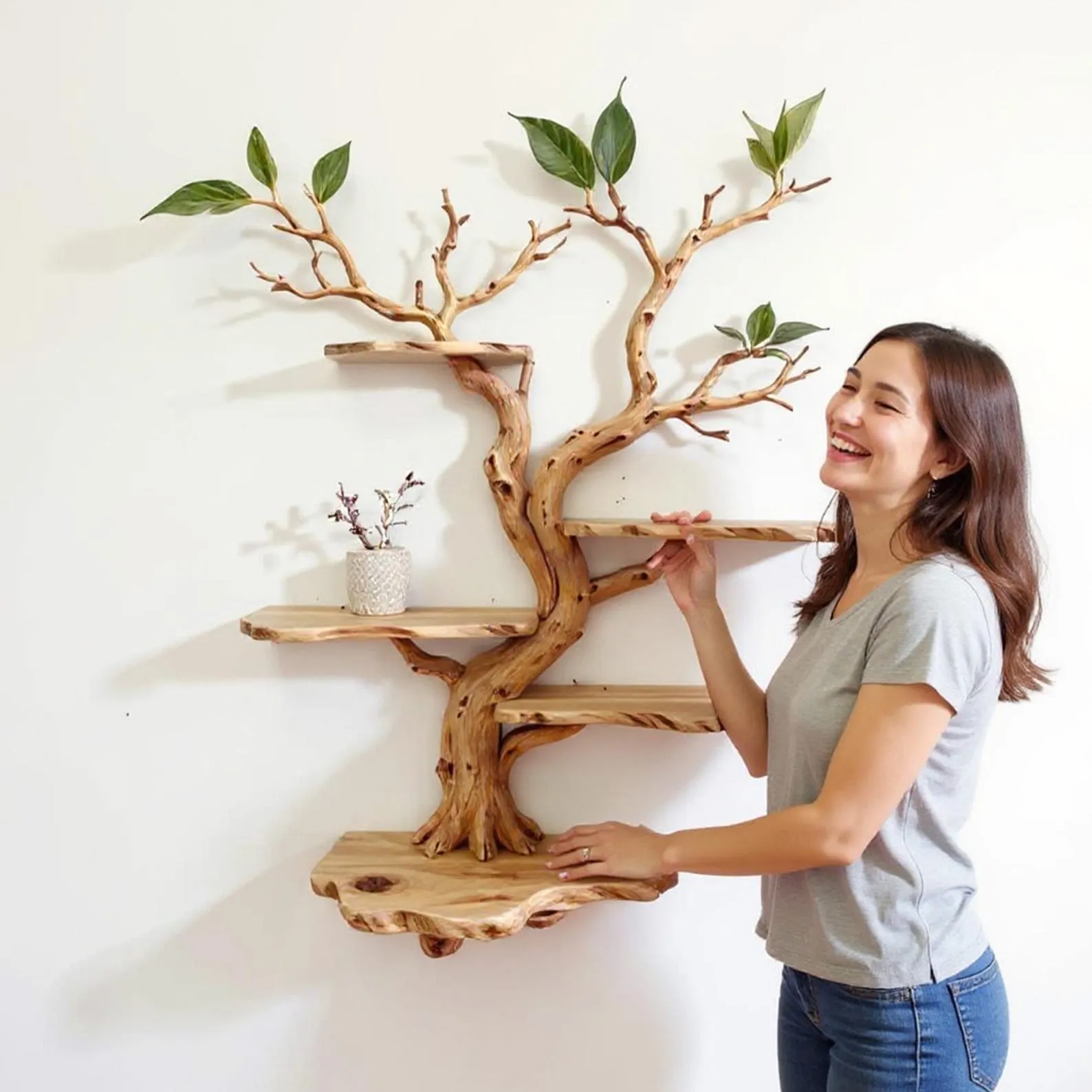 Handcrafted Tree Branch Bookshelf: Wall-Mounted Solid Wood Shelf - Image 7
