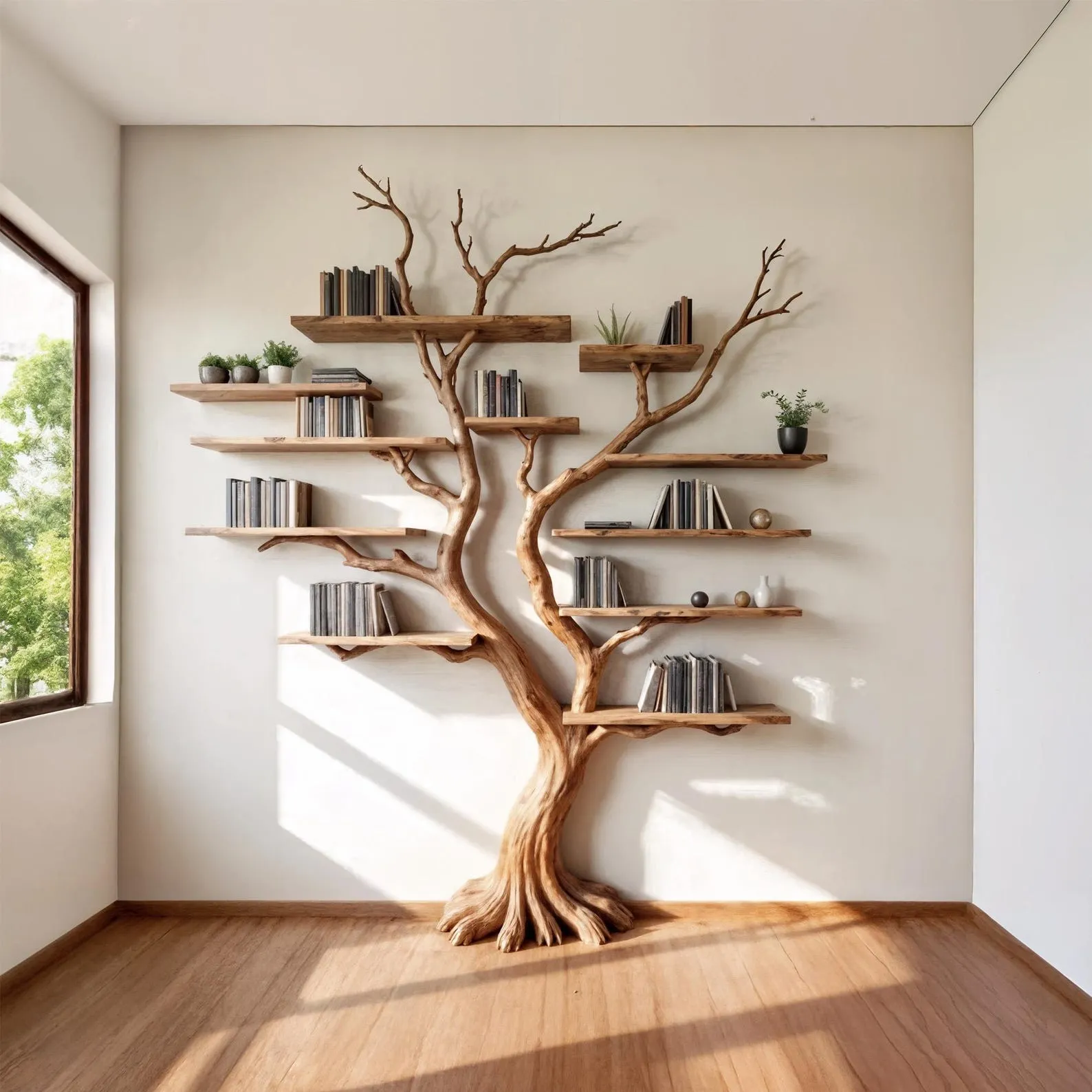 Driftwood Tree Bookshelf: Handmade Solid Wood Wall-Mounted Shelf