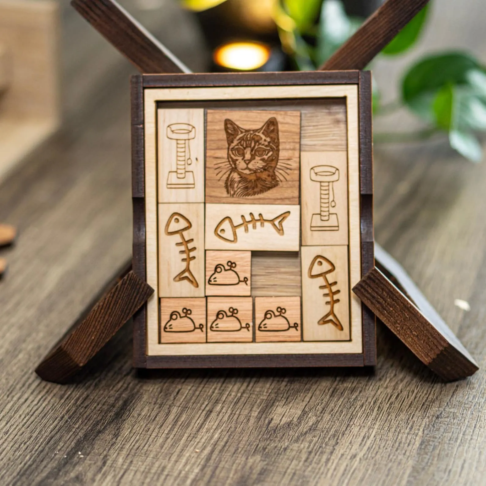 Gift for Cat Lovers ? The Great Cat Escape Puzzle, Handmade Wooden Brain Teaser for Desk or Coffee Table