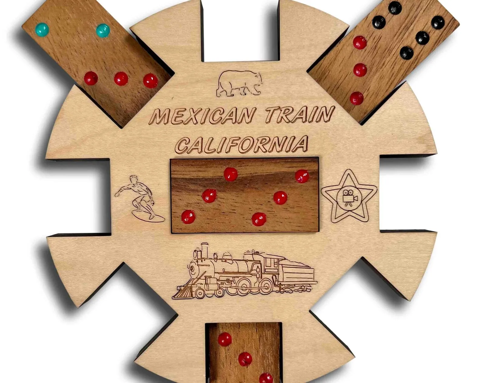 Mexican train hub dominoes - Double 12 set of wooden dominoes - Family night activities - Gift for game night - Unique brain teaser game
