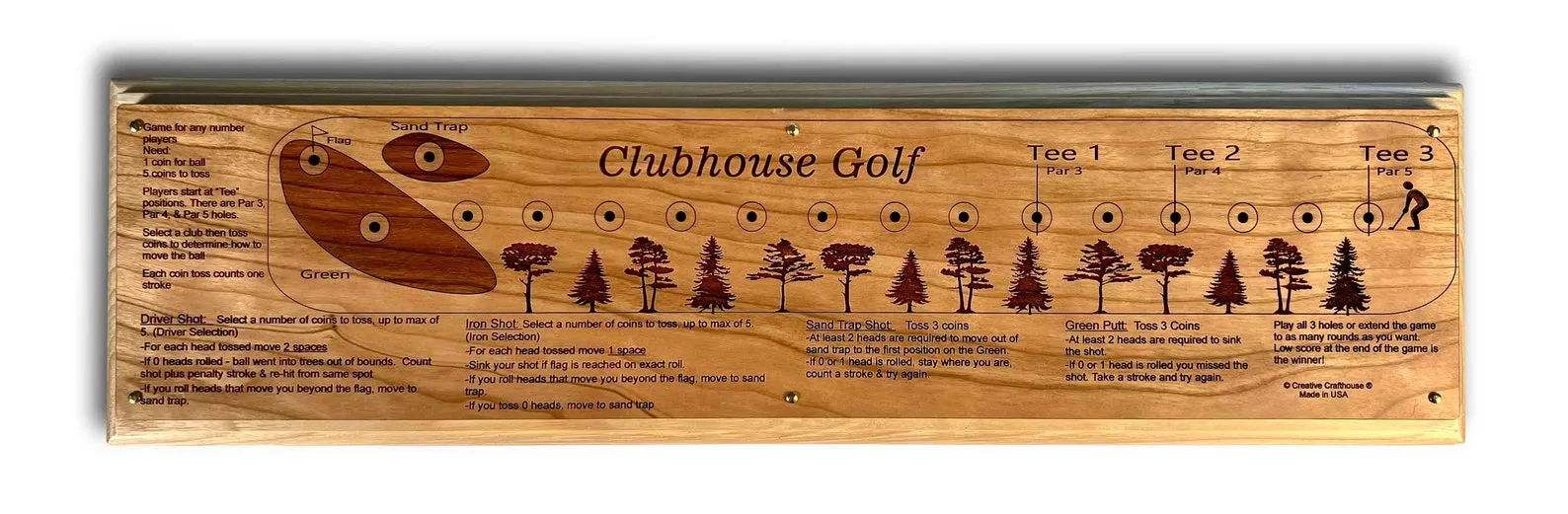 Clubhouse Golf Premium: Board & Coins Game for Golf fun 1/4" thick Cherry wood on a 3/4" Hickory base.