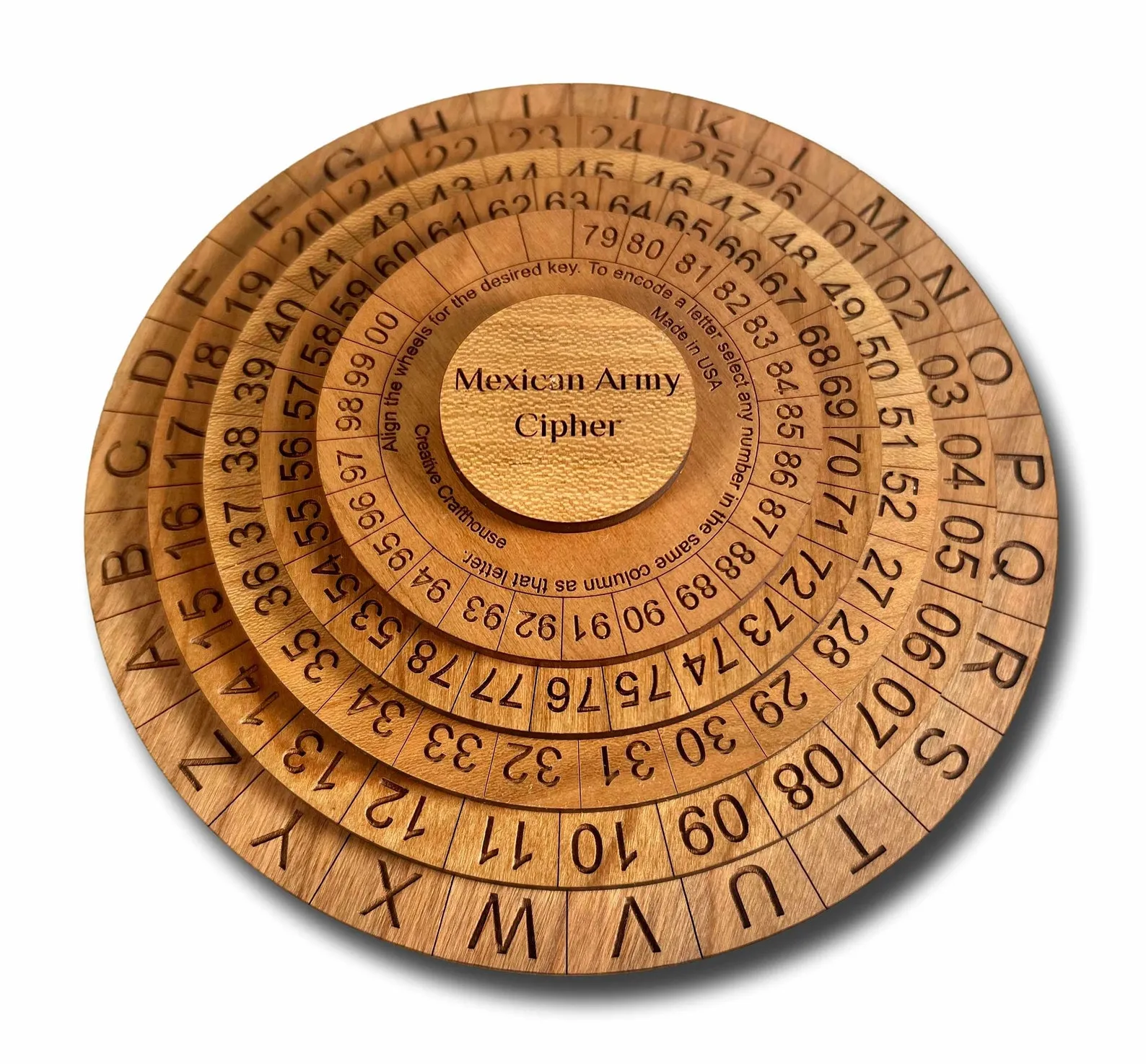Wooden Cipher Wheel Enigma Machine - Mexican Army Cipher Disk/Decoder - Easy To Use - 5 Disks Wheel Puzzle