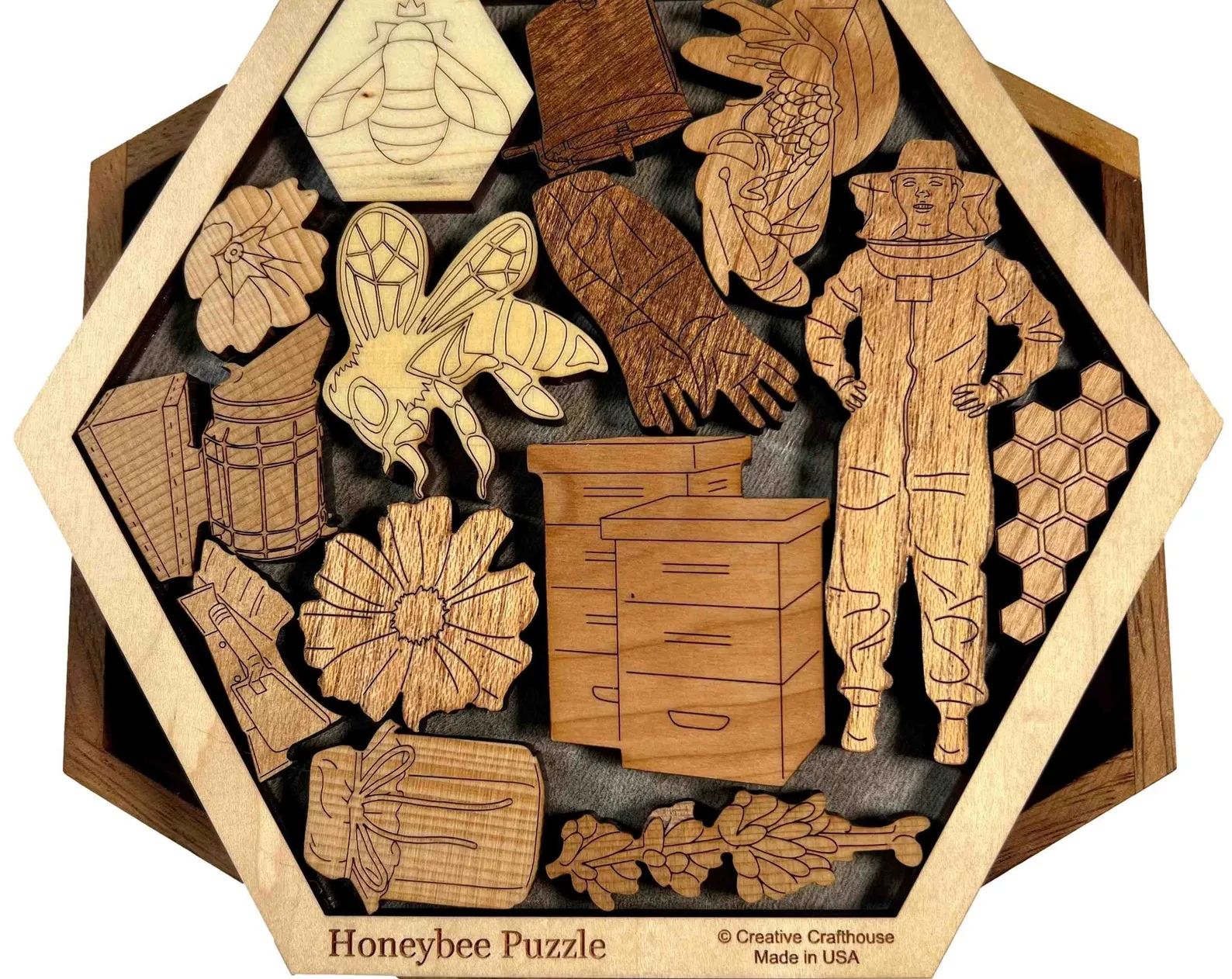 Honey Bee Puzzle ? Help the Hive Thrive - 14 Piece Wood Brain Teaser - Personalize with Laser Engraved Name to Create a Memorable Gift