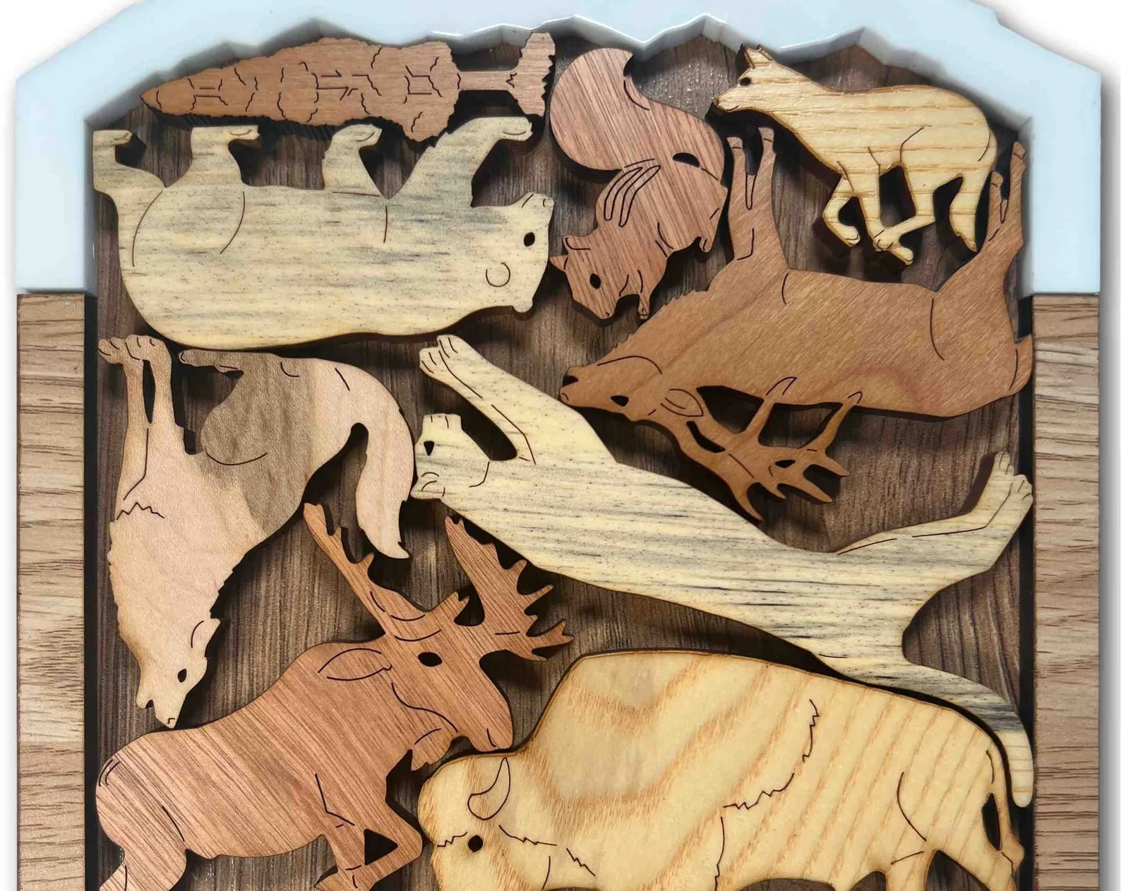 Forever Wild Rocky mountains picture frame puzzle - Challenging 8 animals and a Pine tree puzzle - Unique and attractive hardwood puzzle