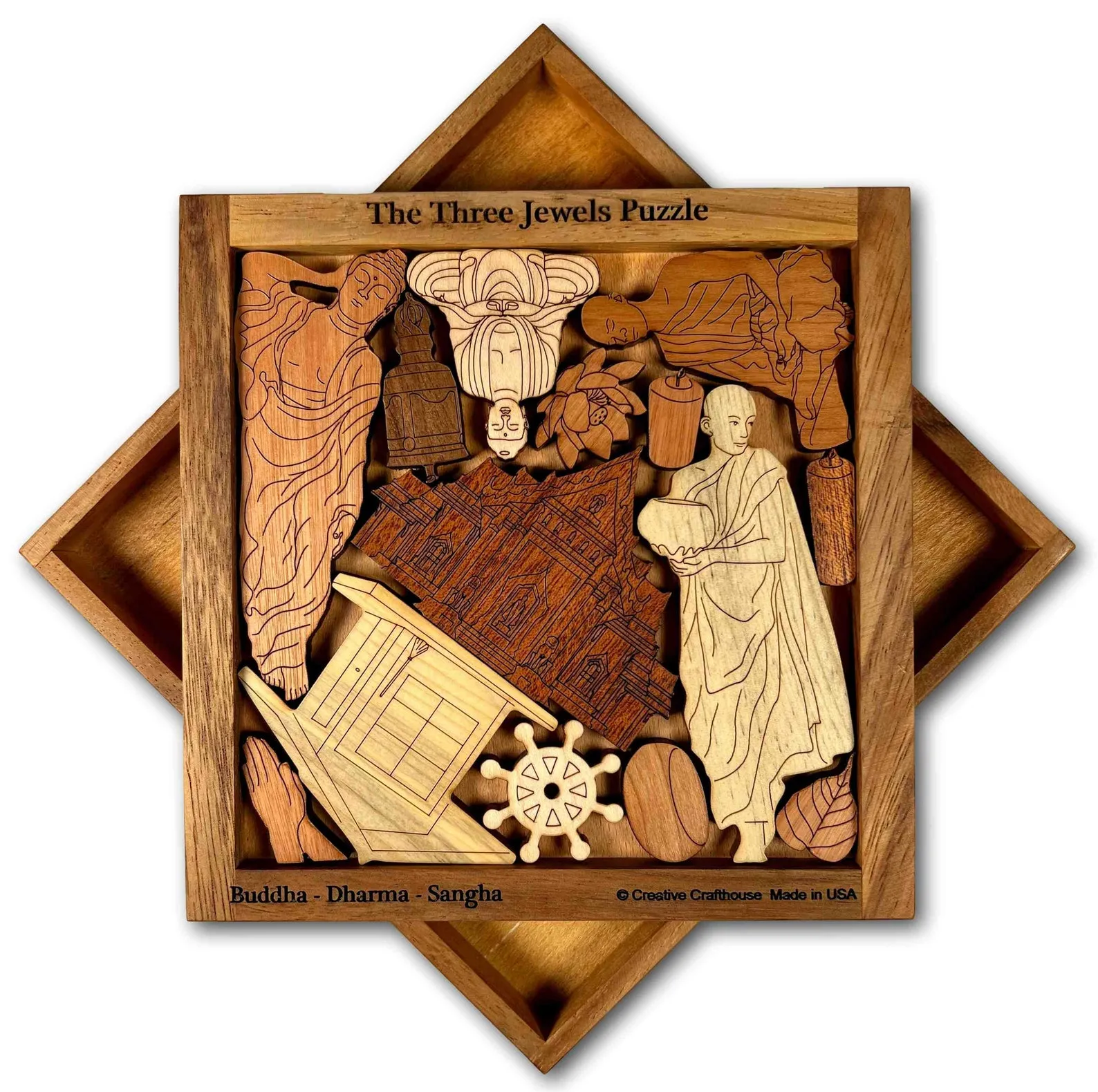 Three jewels puzzle - Buddhism picture frame wooden puzzle - 14 Buddhism-themed pieces - Adult brain teaser puzzle - Challenging wood puzzle