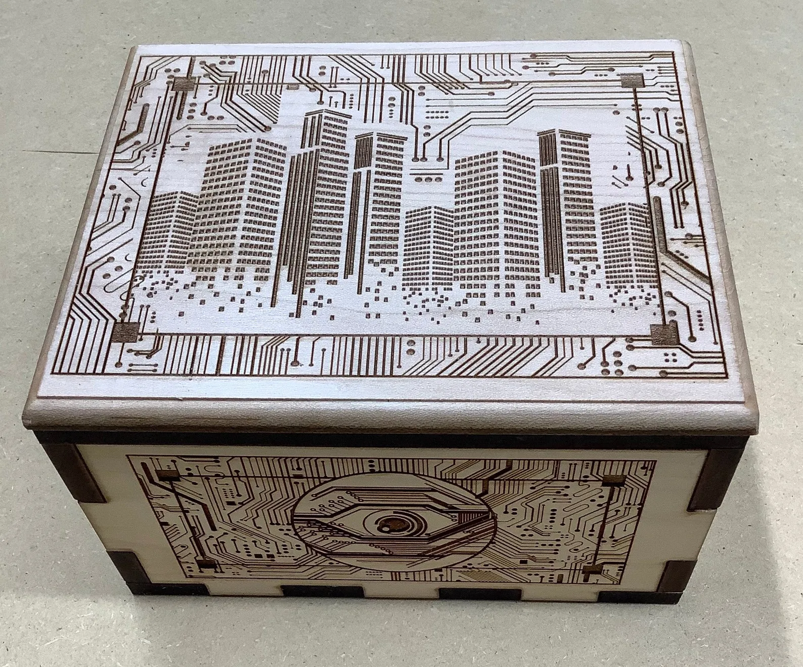 Hurricane Puzzle Box - maple - with City Circuit board artwork