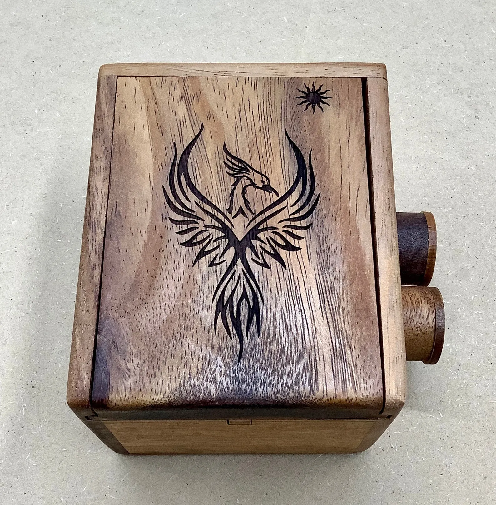 Wooden puzzle box for adults with laser engraved phoenix at top - The Overtime box game - Multiple step box gift - Table top activity