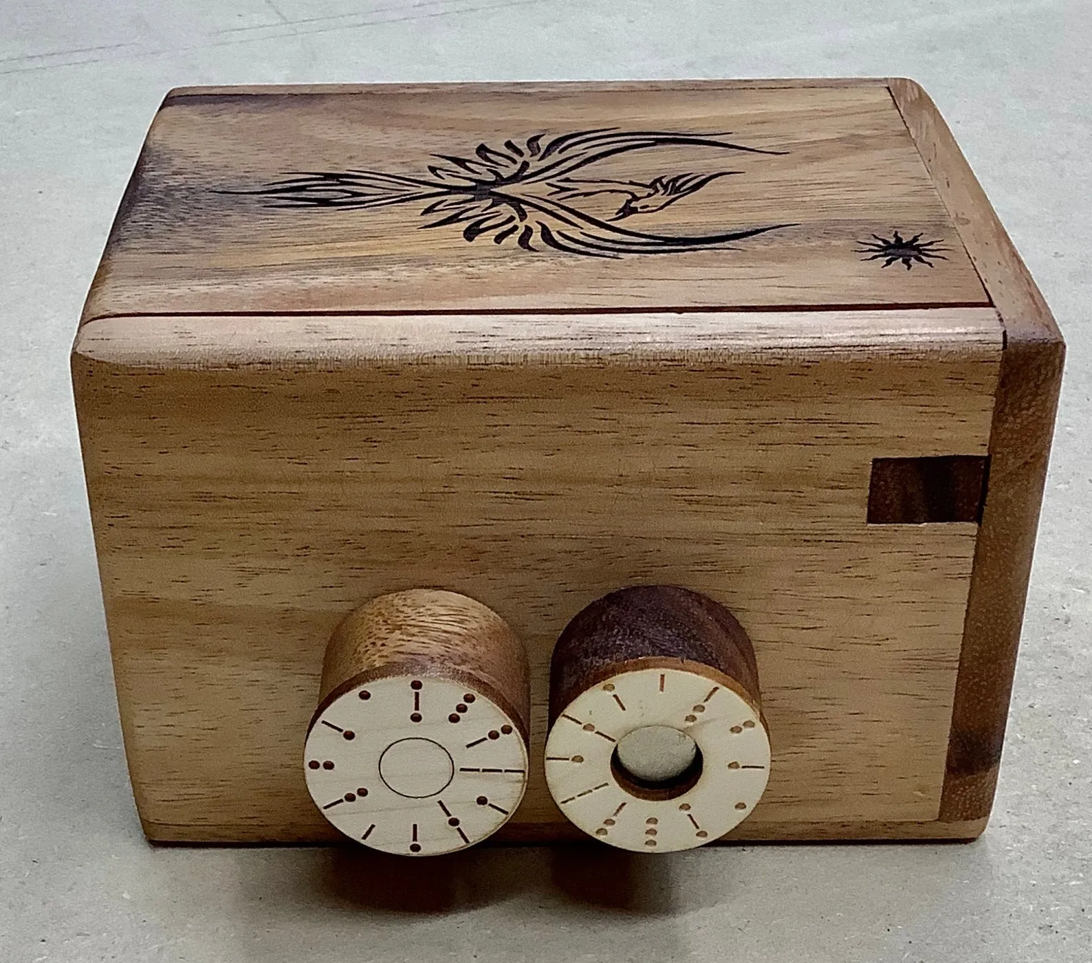 Wooden puzzle box for adults with laser engraved phoenix at top - The Overtime box game - Multiple step box gift - Table top activity - Image 2