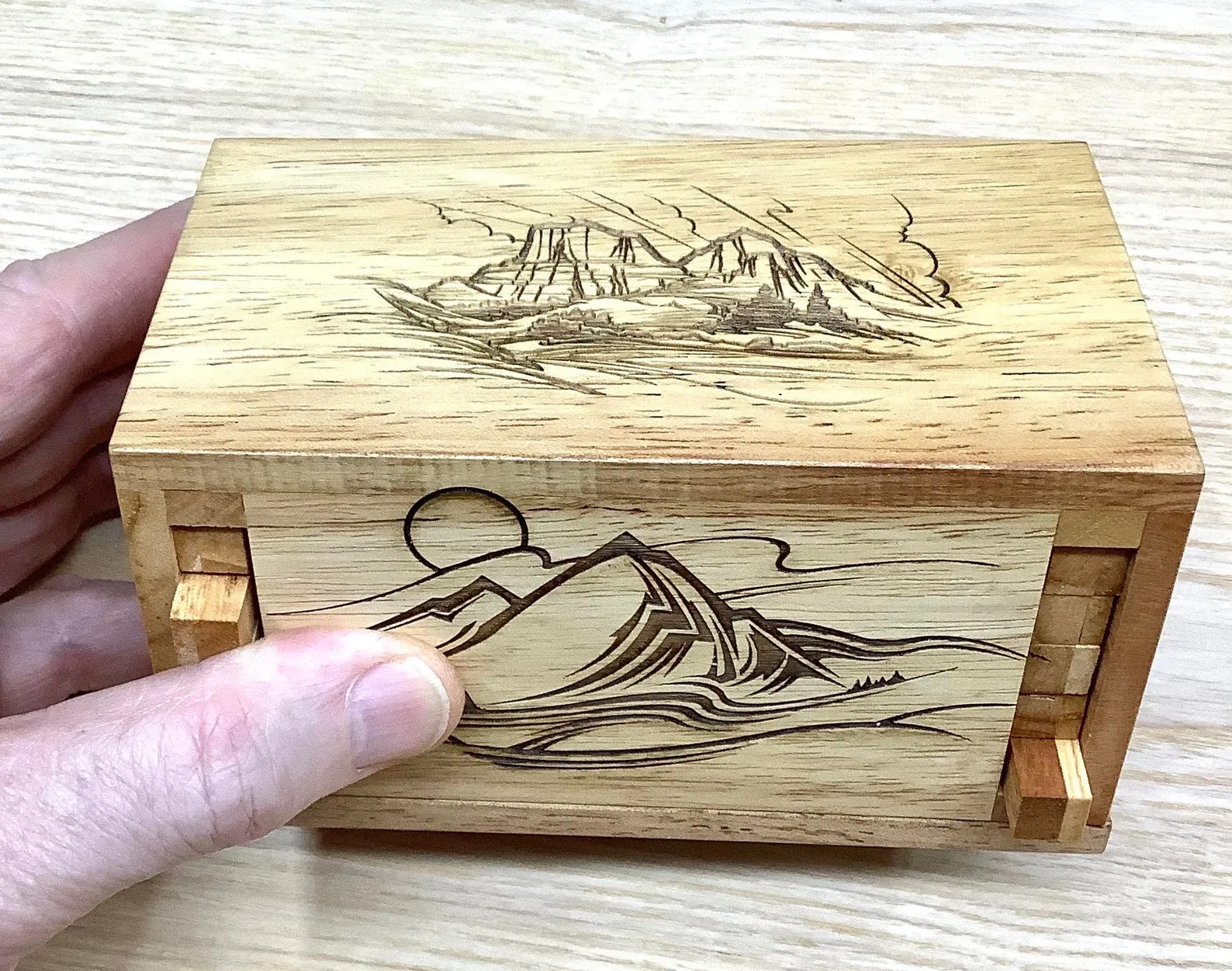 Secret Lock Box I Premium Wood Puzzle Box - Laser Engraved Nature Scenes on Each Side