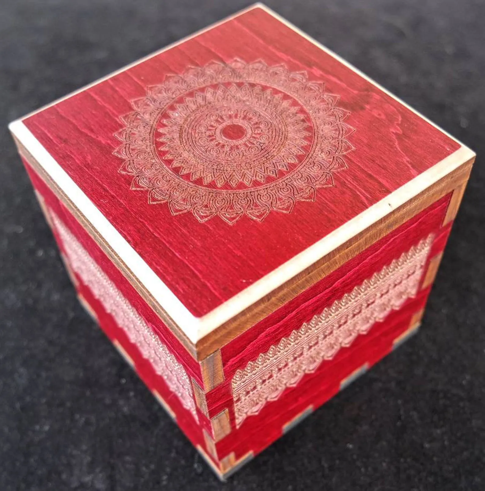 Secret Stash Puzzle Box -  Red Stained Maple Mandala Model Stash Box