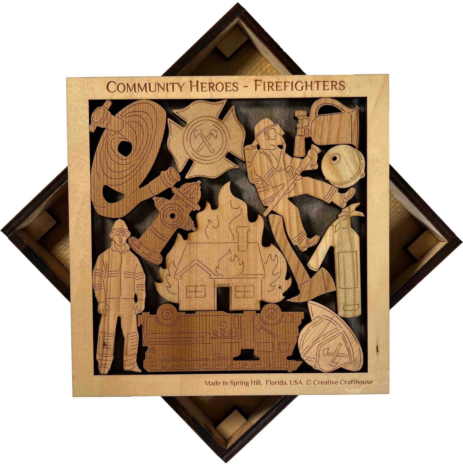 Firefighters Puzzle, Wooden Brain Teaser, Packing Puzzle, Classroom Activity, Family Game Night Gift, Community Heroes Tangram Puzzle