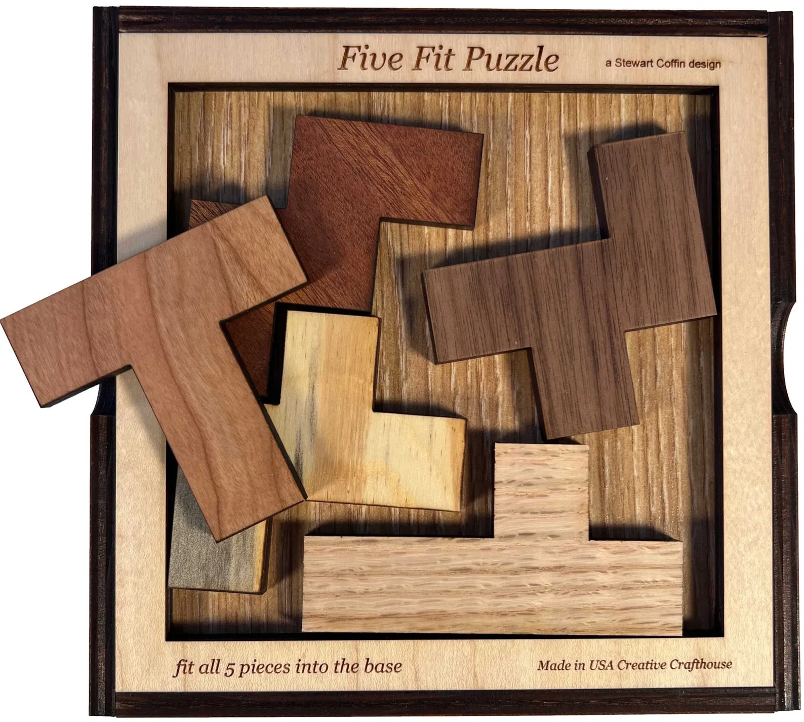 Wood Brain Teaser Puzzle For Adults, Fit Five Pieces, Difficult Puzzle, Wood Logic Puzzle, Mind Game, Hard Puzzle, Stewart Coffin Puzzle