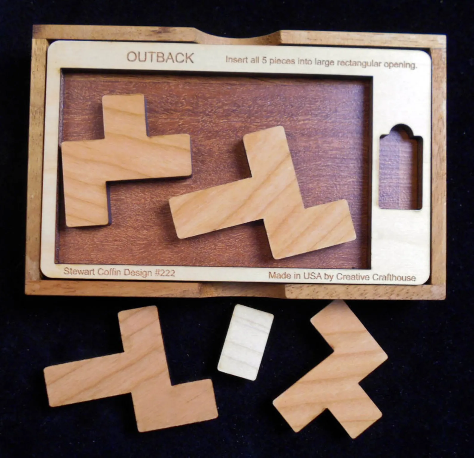 OUTBACK Puzzle ? Insert All Pieces into the Large Opening - Stewart Coffin Design #222 - Wood Brain Teaser - Difficult Puzzle