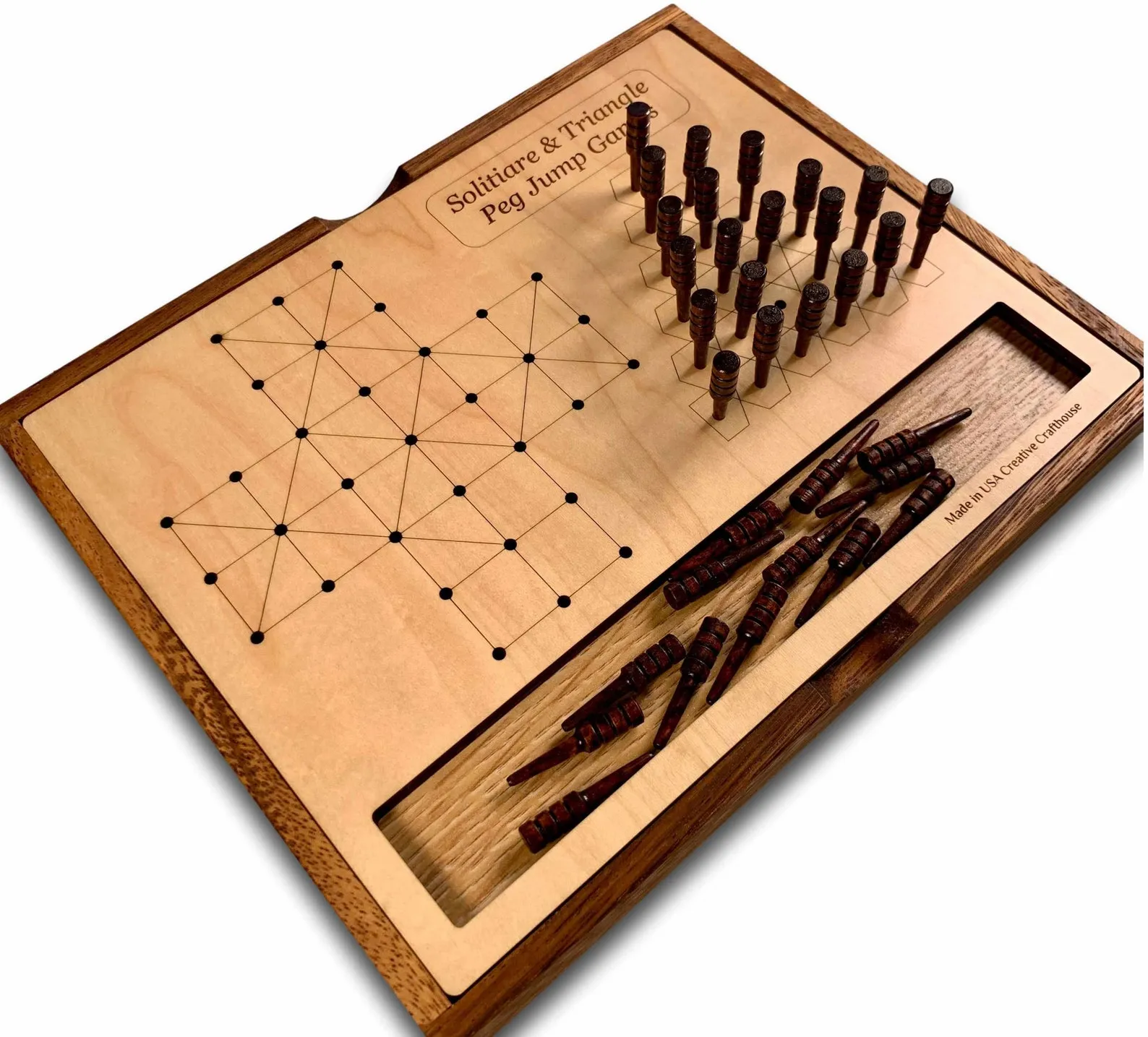 Solitaire & Peg Jump 6 Set, Wooden Board Game, Wooden Triangle Peg Game, Triangle Jump Puzzle, Solitaire Family Game Night, Peg Brain Teaser