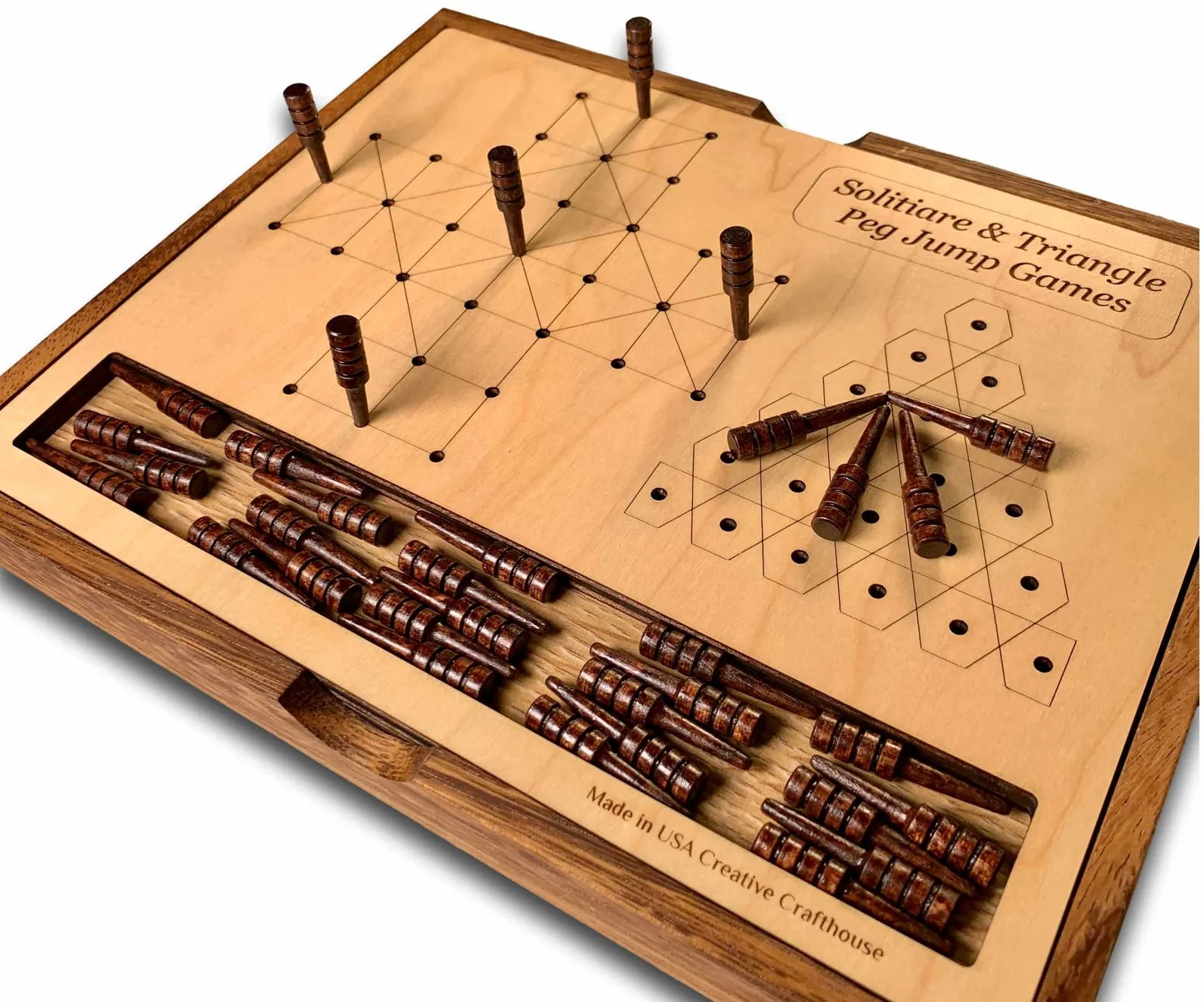 Solitaire & Peg Jump 6 Set, Wooden Board Game, Wooden Triangle Peg Game, Triangle Jump Puzzle, Solitaire Family Game Night, Peg Brain Teaser - Image 4