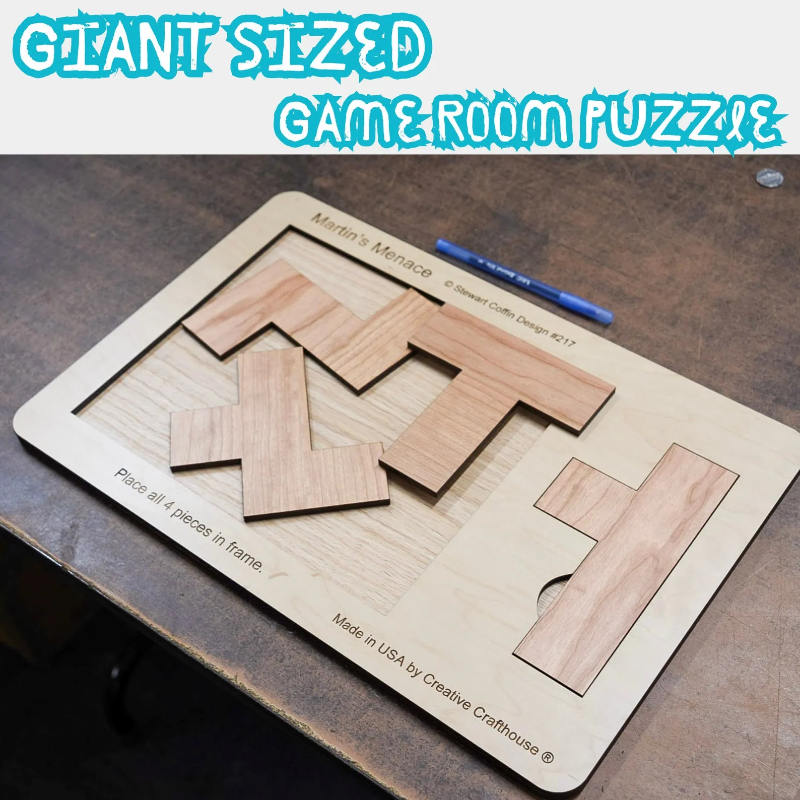 18" x 12" Giant Sized Wood Puzzle for Game Rooms | 4 Piece Wooden Brain Teaser | Perfect Man Cave Decor & Accessory | Jumbo Martin's Menace